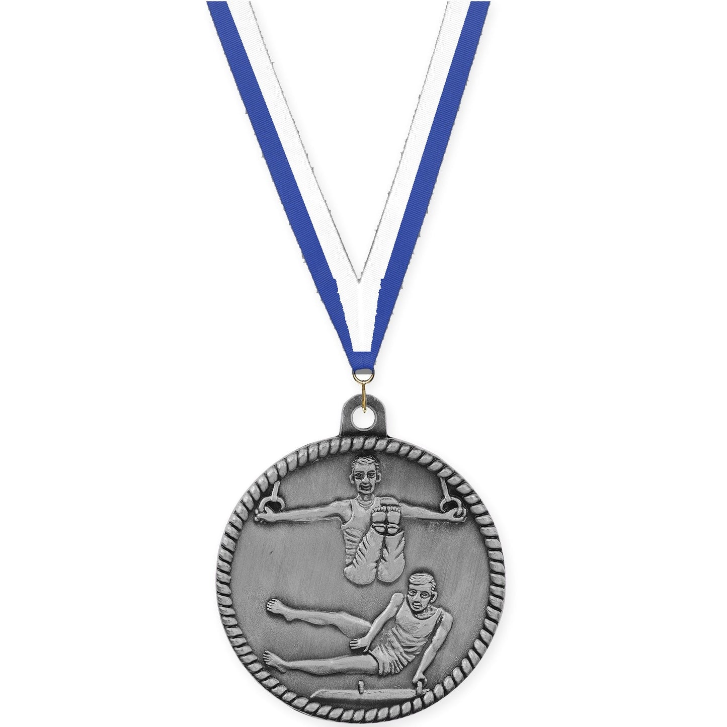 2 inch gymnastics High Relief medal in antique silver with Blue White neck ribbon