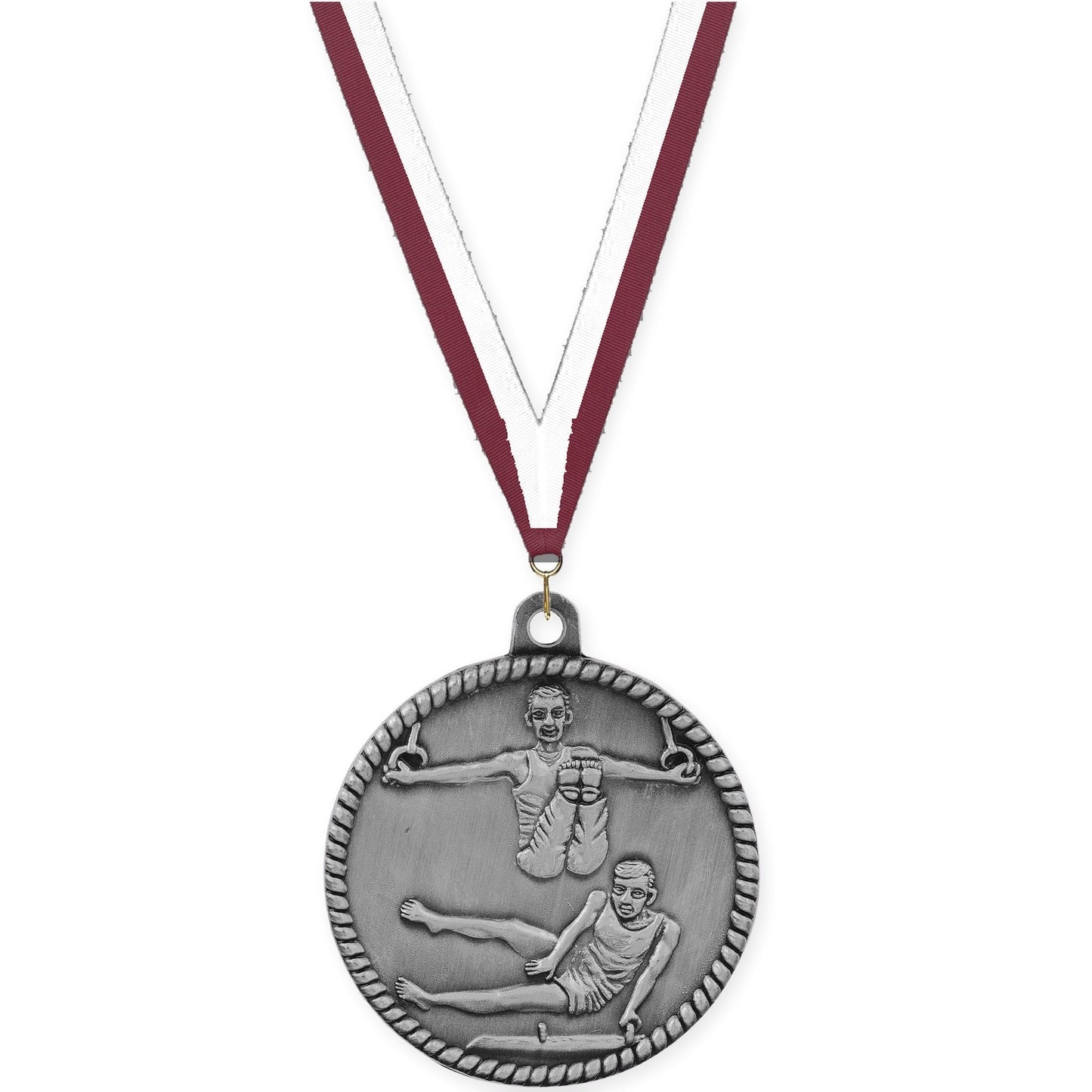 2 inch gymnastics High Relief medal in antique silver with Maroon White neck ribbon
