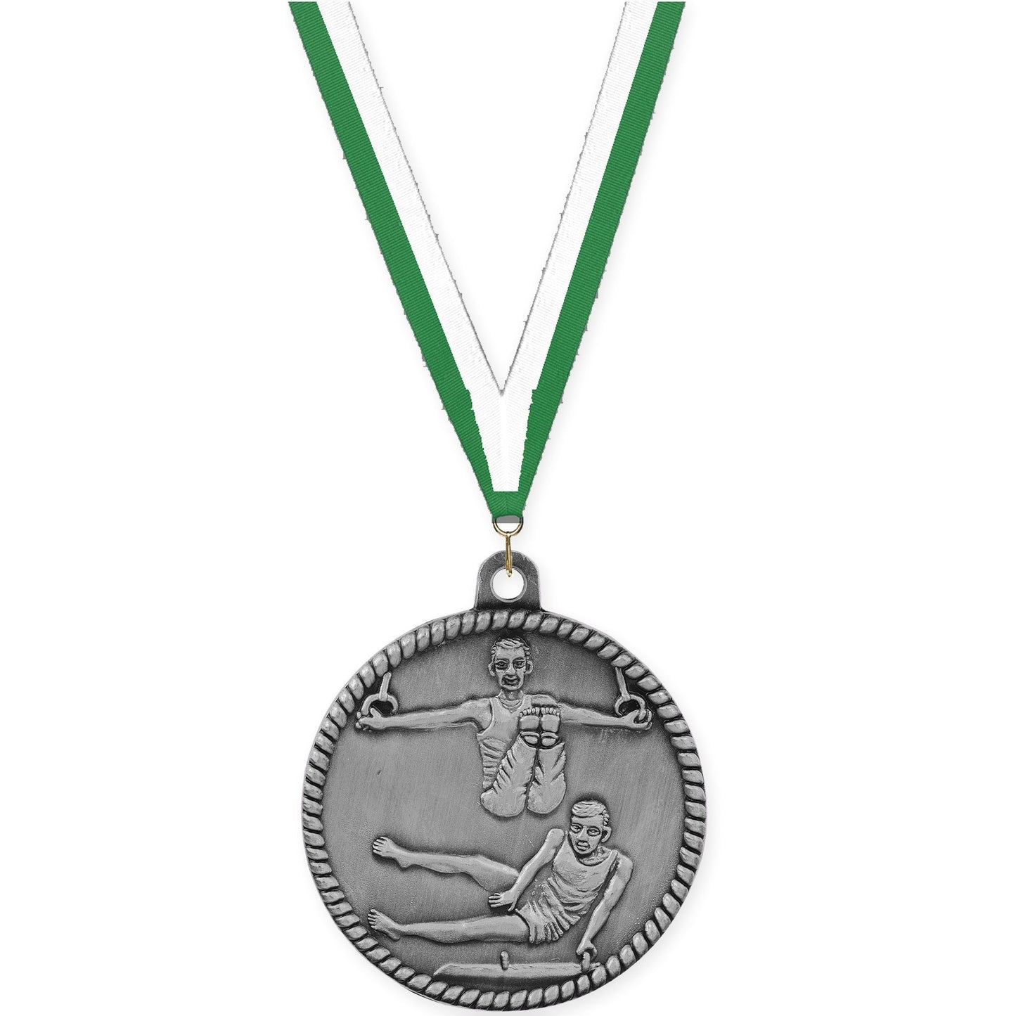2 inch gymnastics High Relief medal in antique silver with Green White neck ribbon