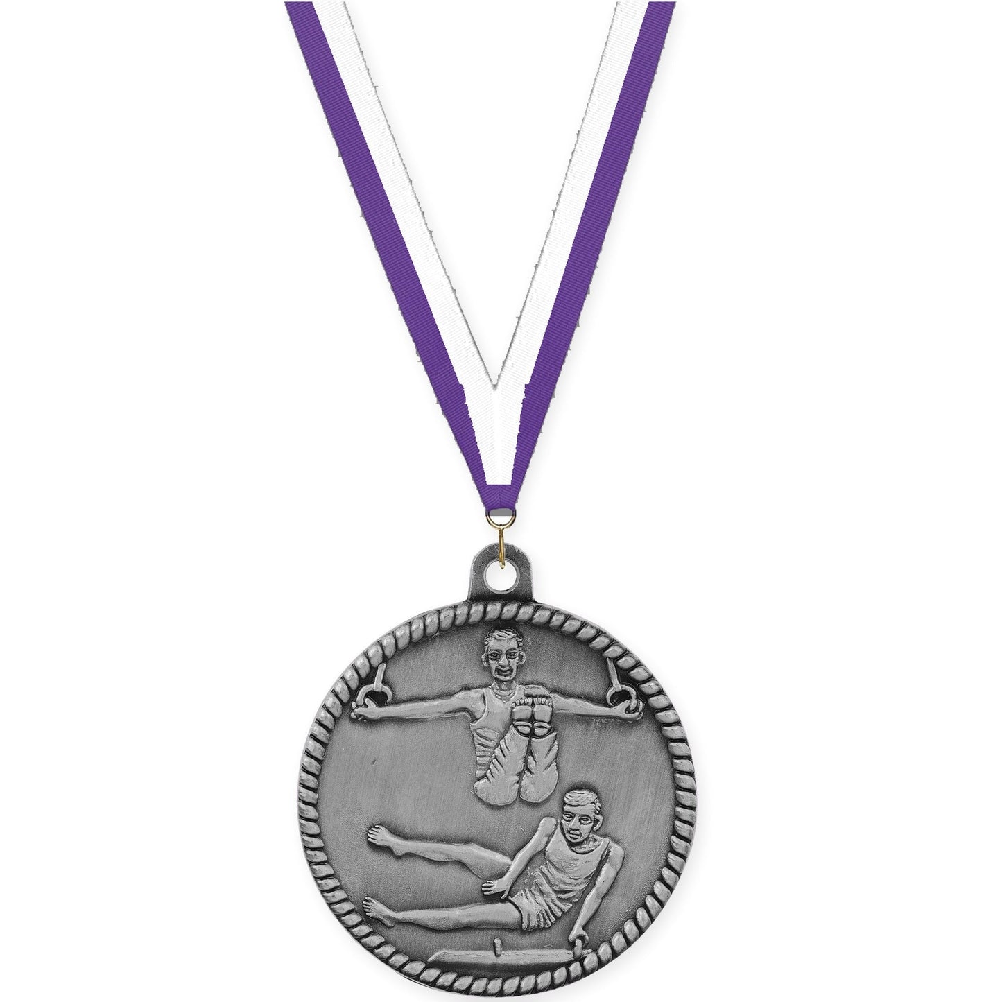 2 inch gymnastics High Relief medal in antique silver with Purple White neck ribbon