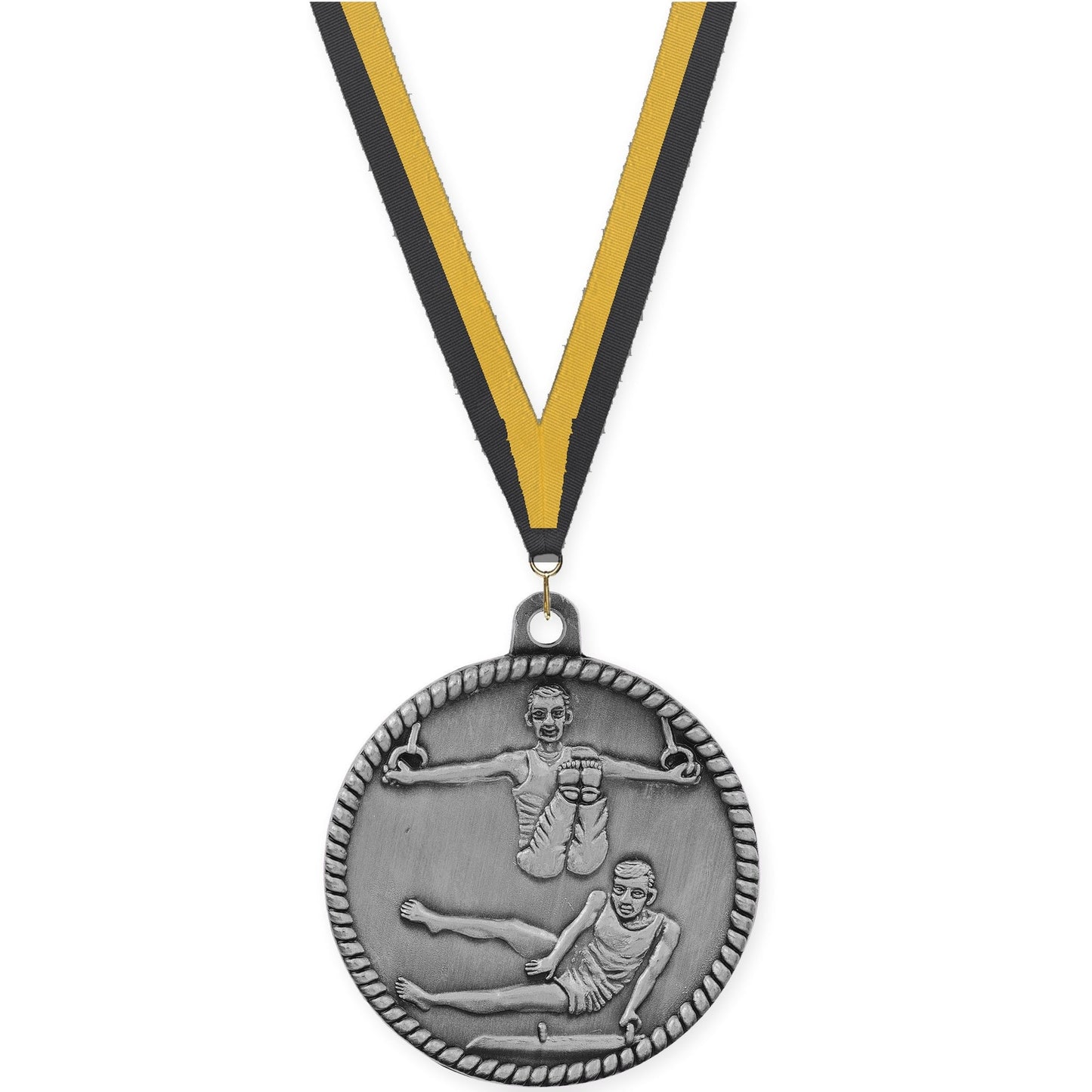 2 inch gymnastics High Relief medal in antique silver with Black Gold neck ribbon
