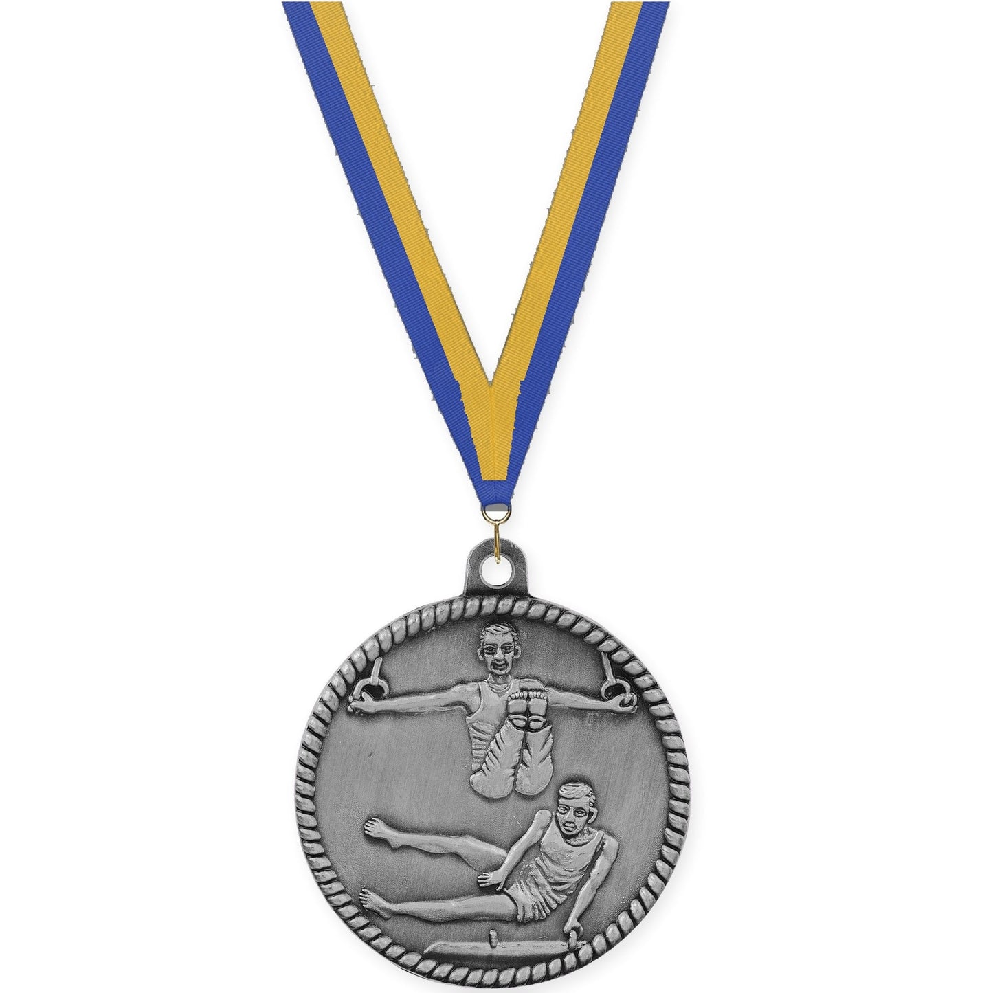 2 inch gymnastics High Relief medal in antique silver with Blue Gold neck ribbon