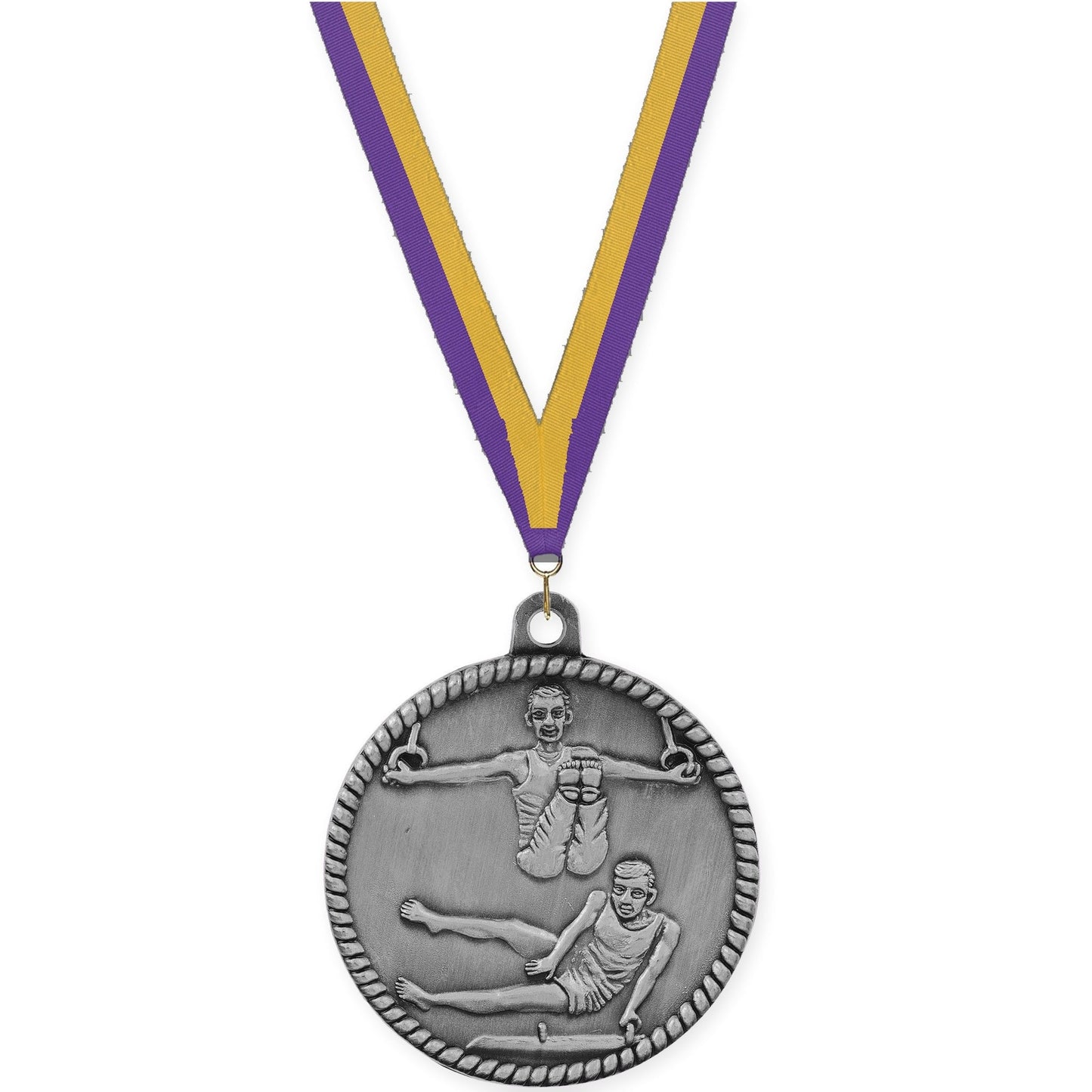 2 inch gymnastics High Relief medal in antique silver with Purple Gold neck ribbon