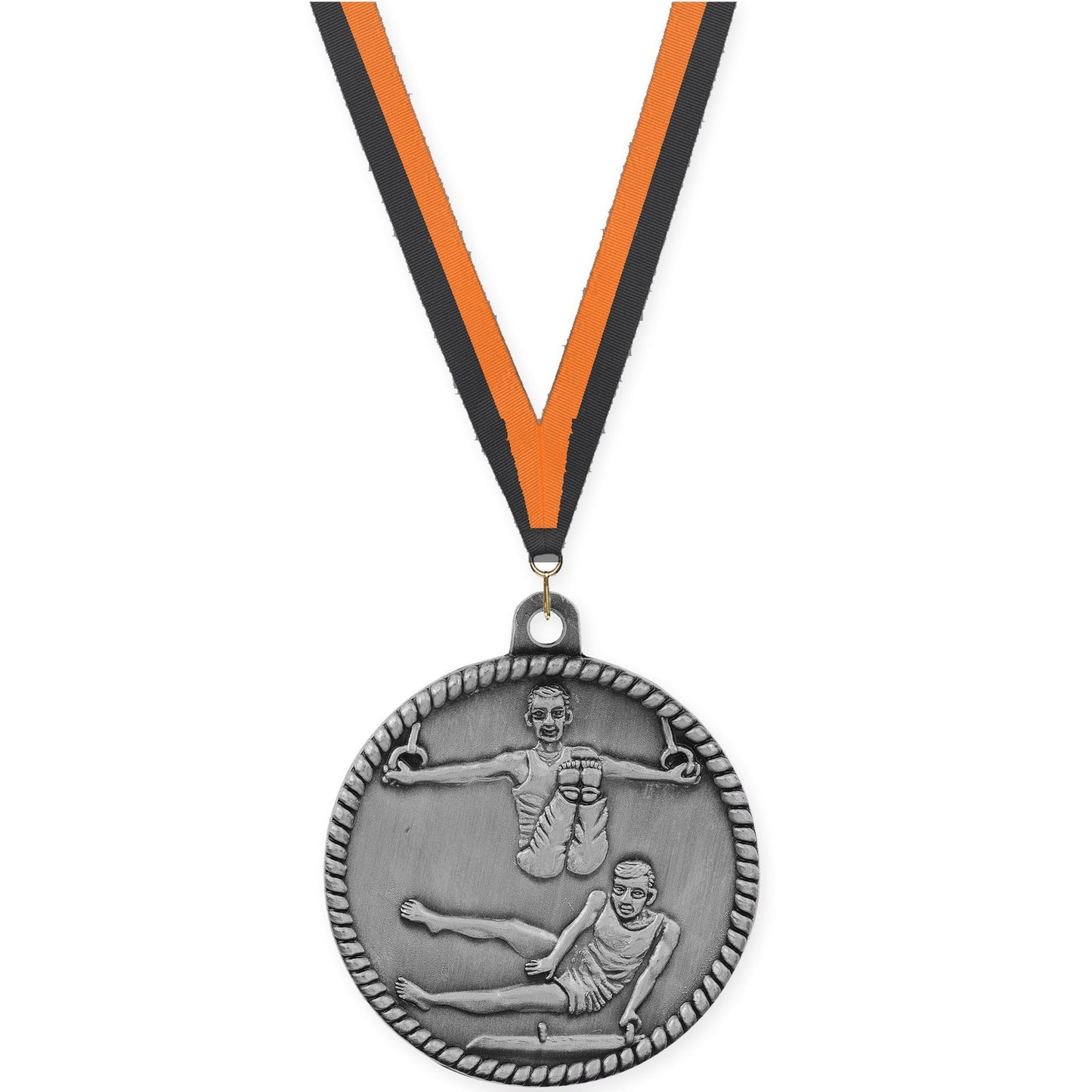 2 inch gymnastics High Relief medal in antique silver with Black Orange neck ribbon
