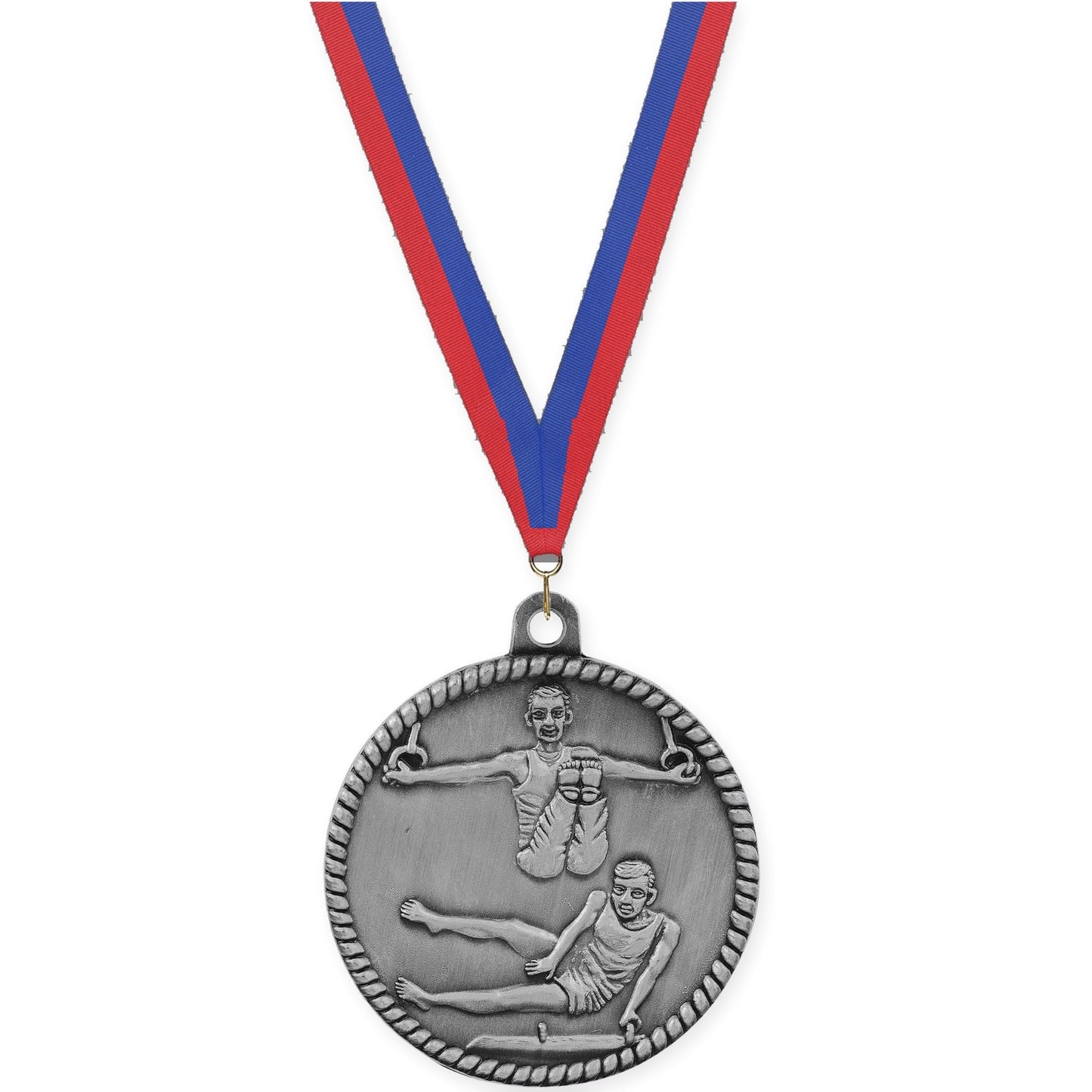 2 inch gymnastics High Relief medal in antique silver with Blue Red neck ribbon