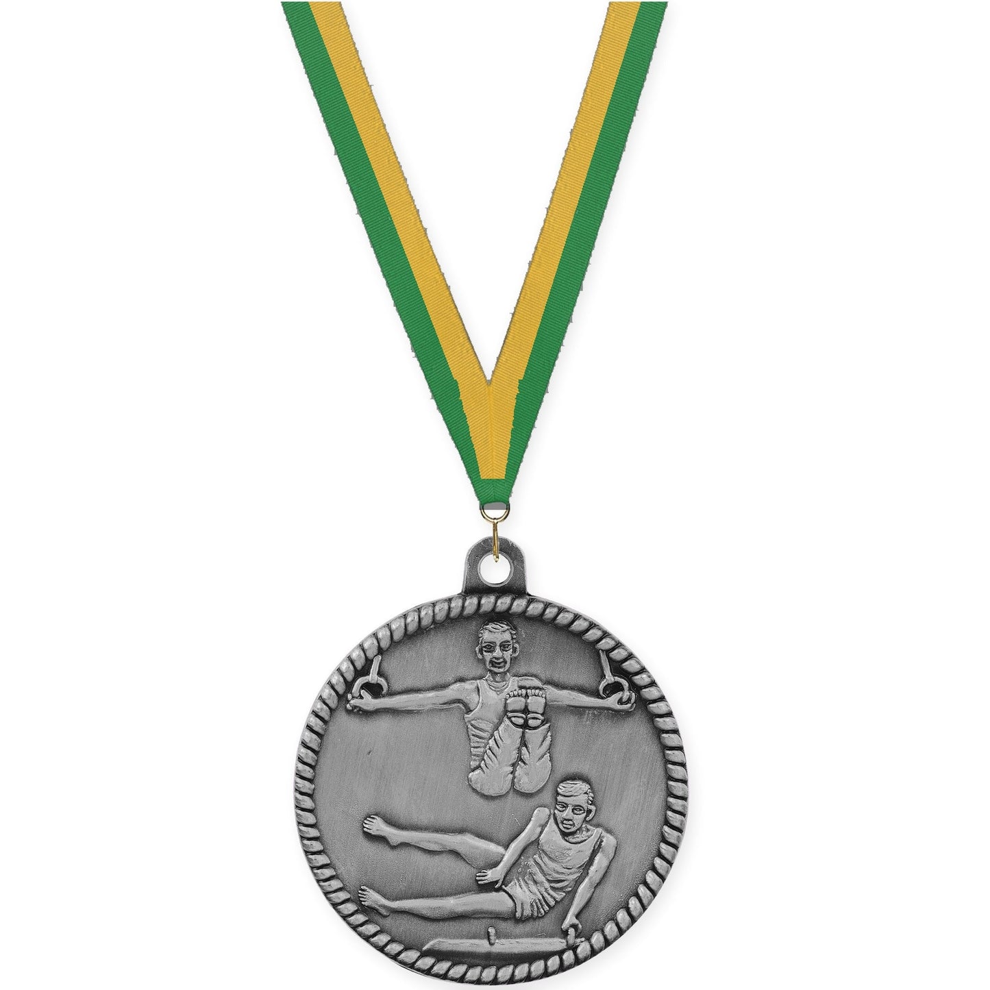 2 inch gymnastics High Relief medal in antique silver with Green Gold neck ribbon