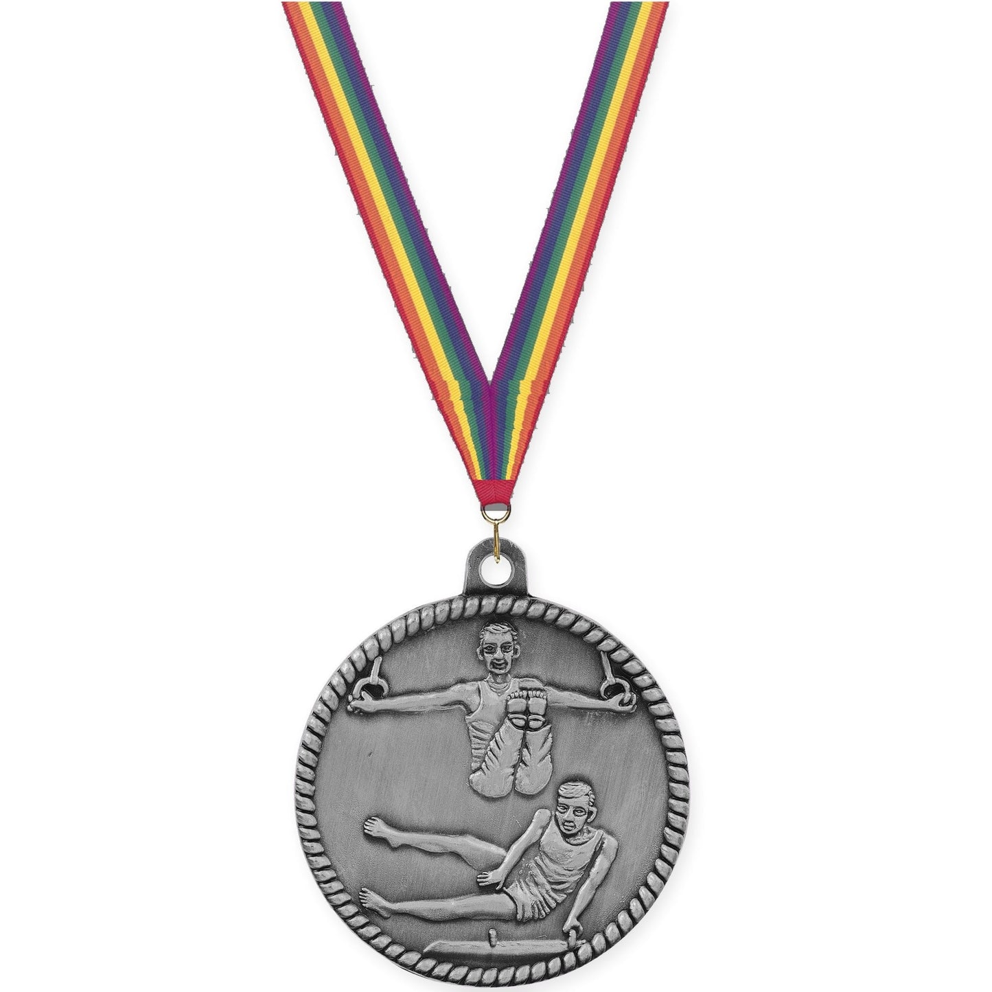 2 inch gymnastics High Relief medal in antique silver with Rainbow neck ribbon