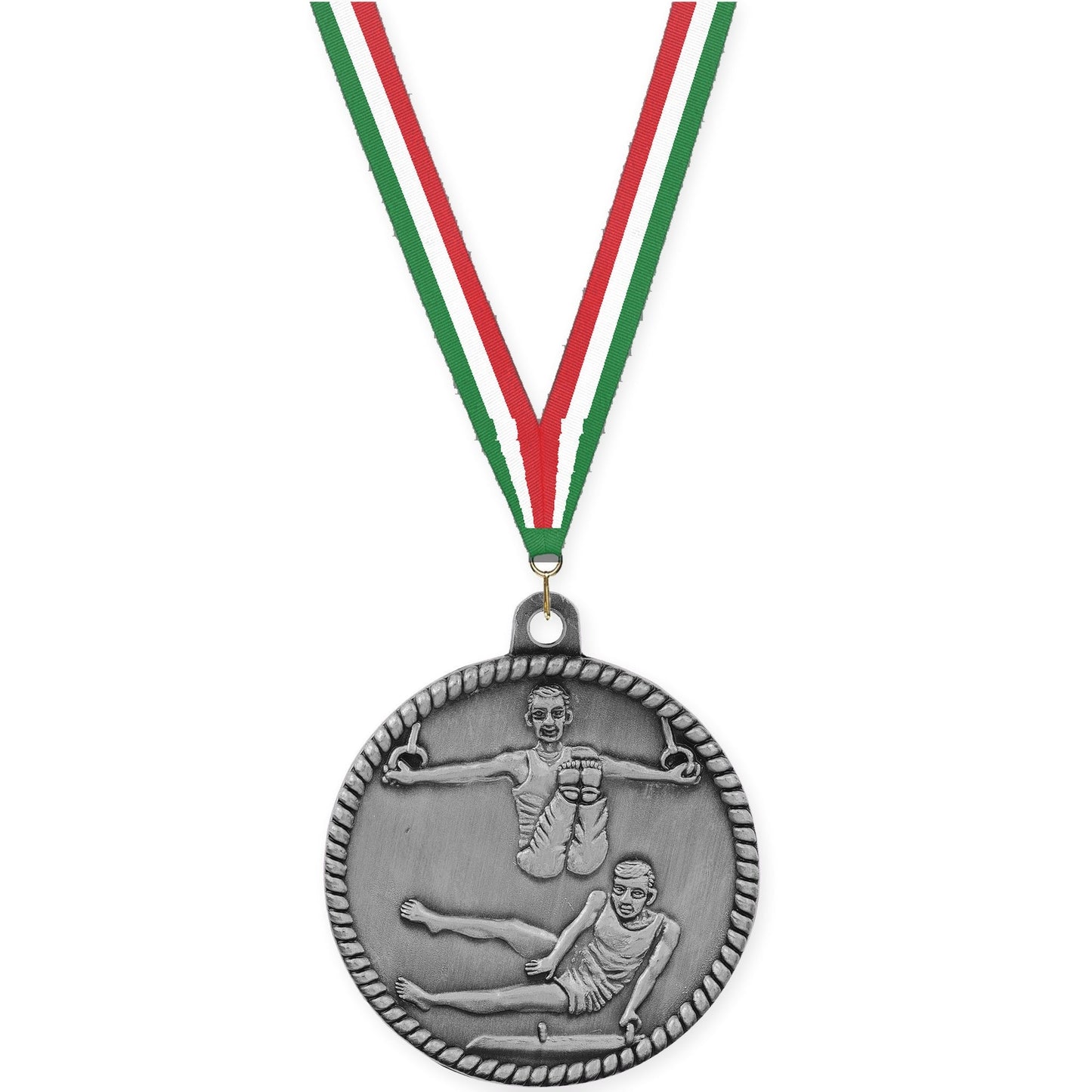 2 inch gymnastics High Relief medal in antique silver with Green White Red neck ribbon