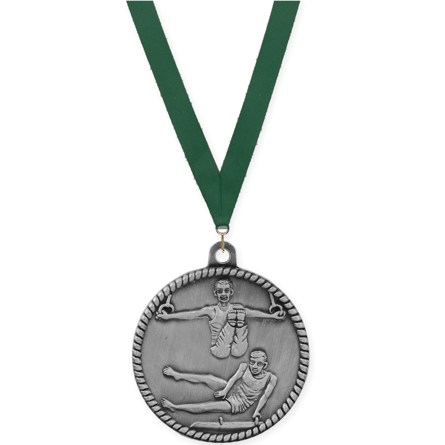 2 inch gymnastics High Relief medal in antique silver with Hunter Green neck ribbon