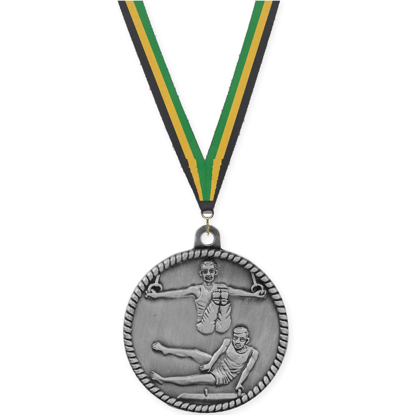 2 inch gymnastics High Relief medal in antique silver with Black Gold Green neck ribbon
