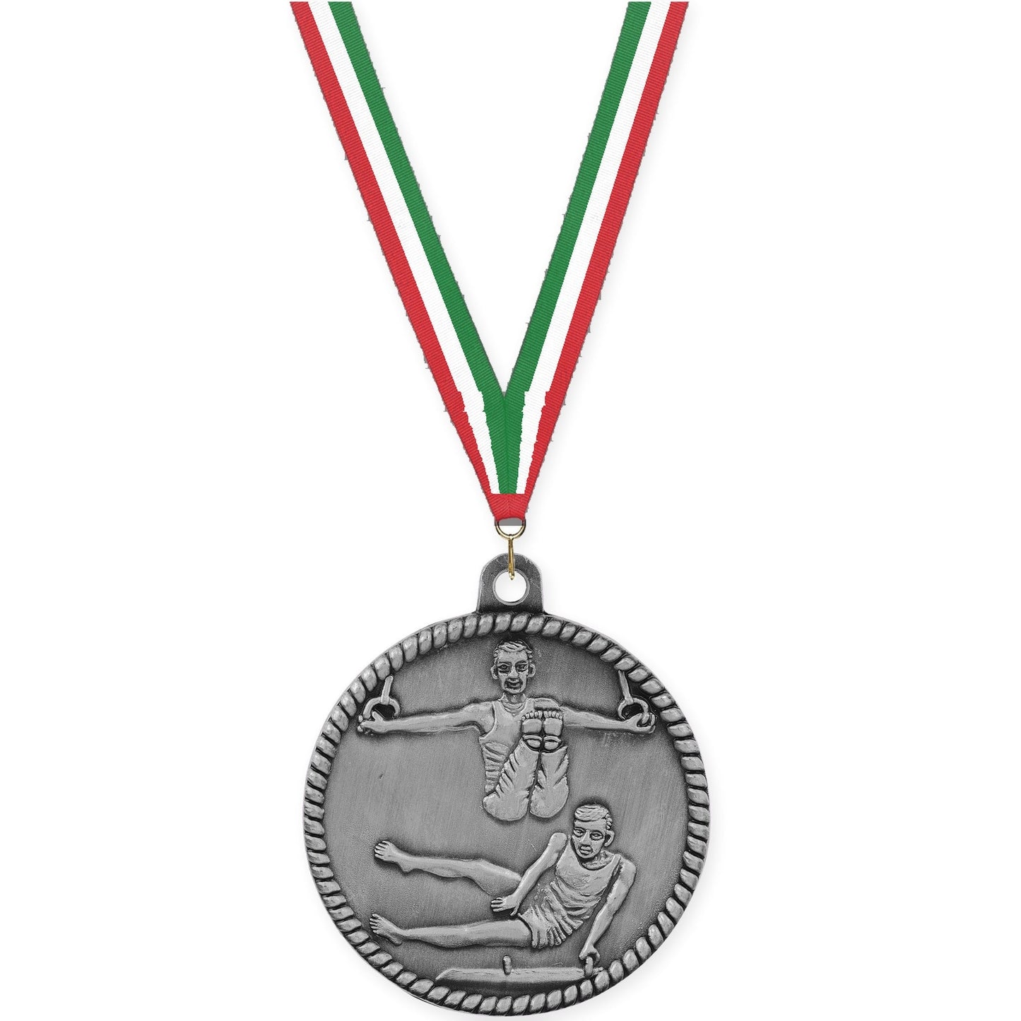 2 inch gymnastics High Relief medal in antique silver with Red White Green neck ribbon