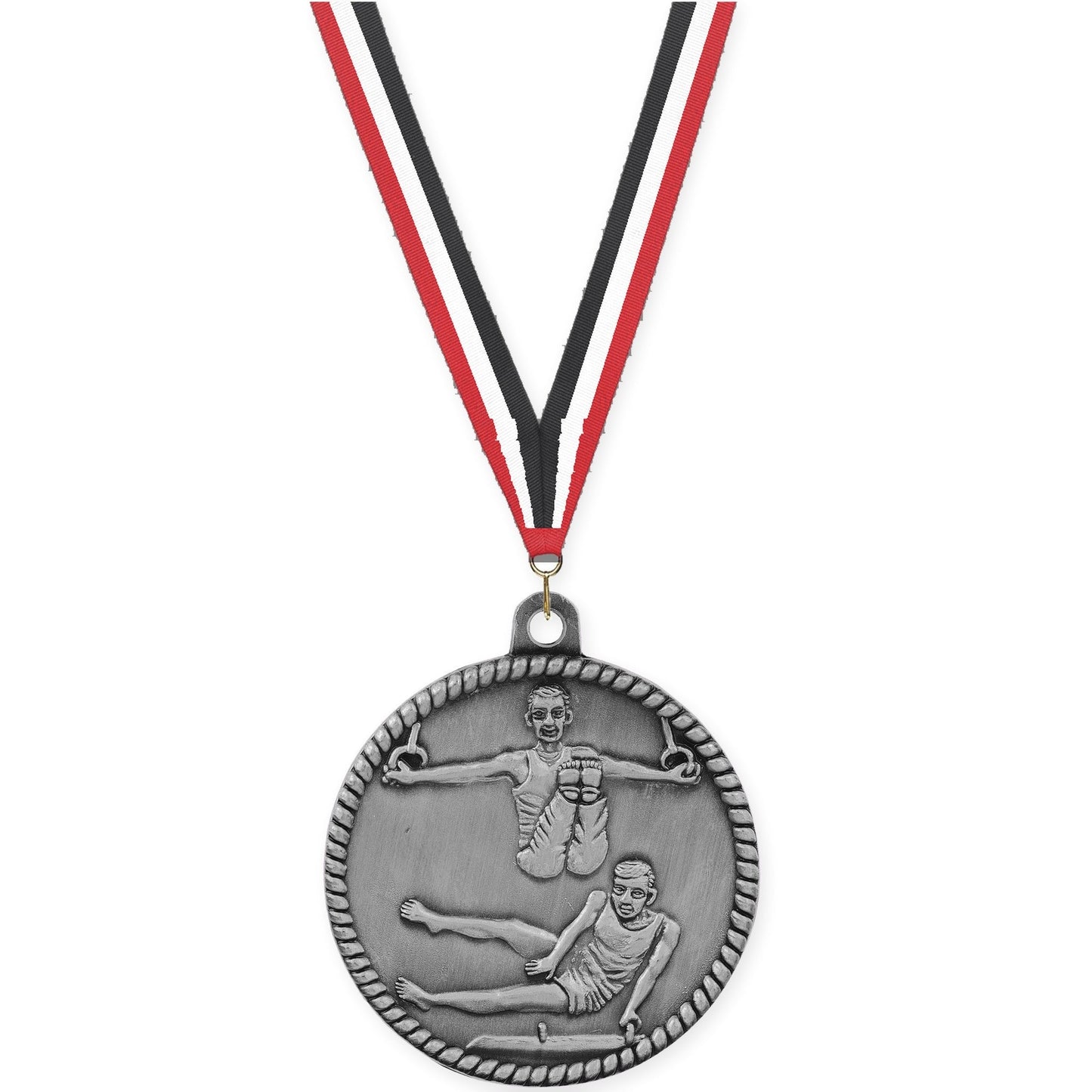 2 inch gymnastics High Relief medal in antique silver with Red White Black neck ribbon