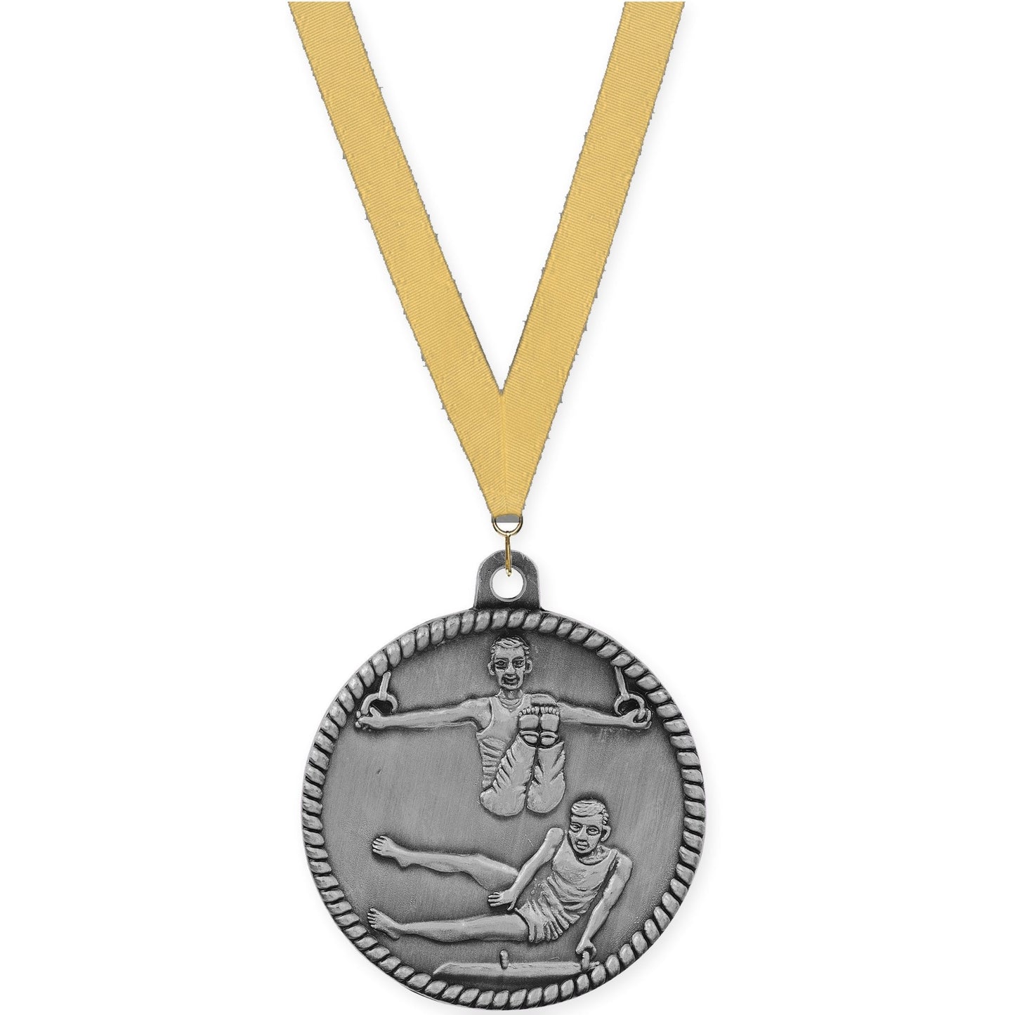 2 inch gymnastics High Relief medal in antique silver with Gold Metallic neck ribbon