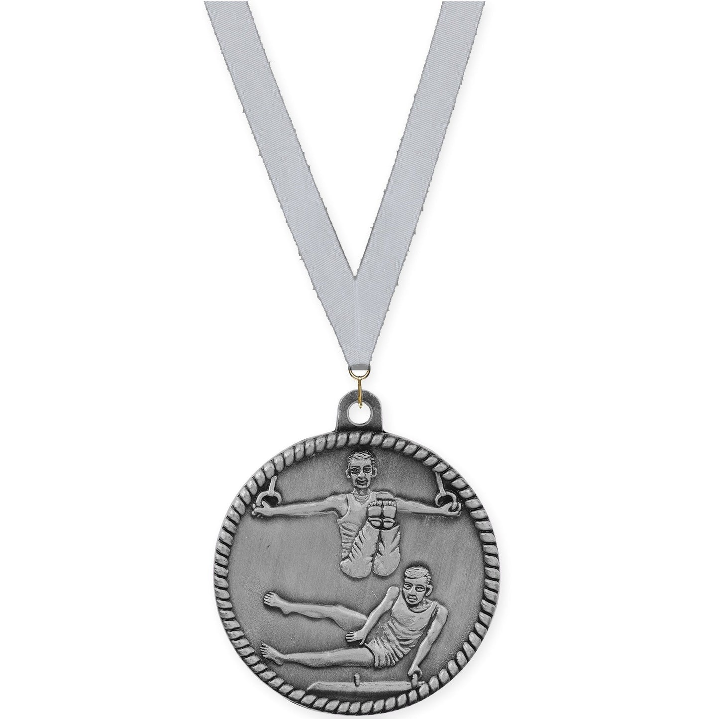 2 inch gymnastics High Relief medal in antique silver with Silver Metallic neck ribbon