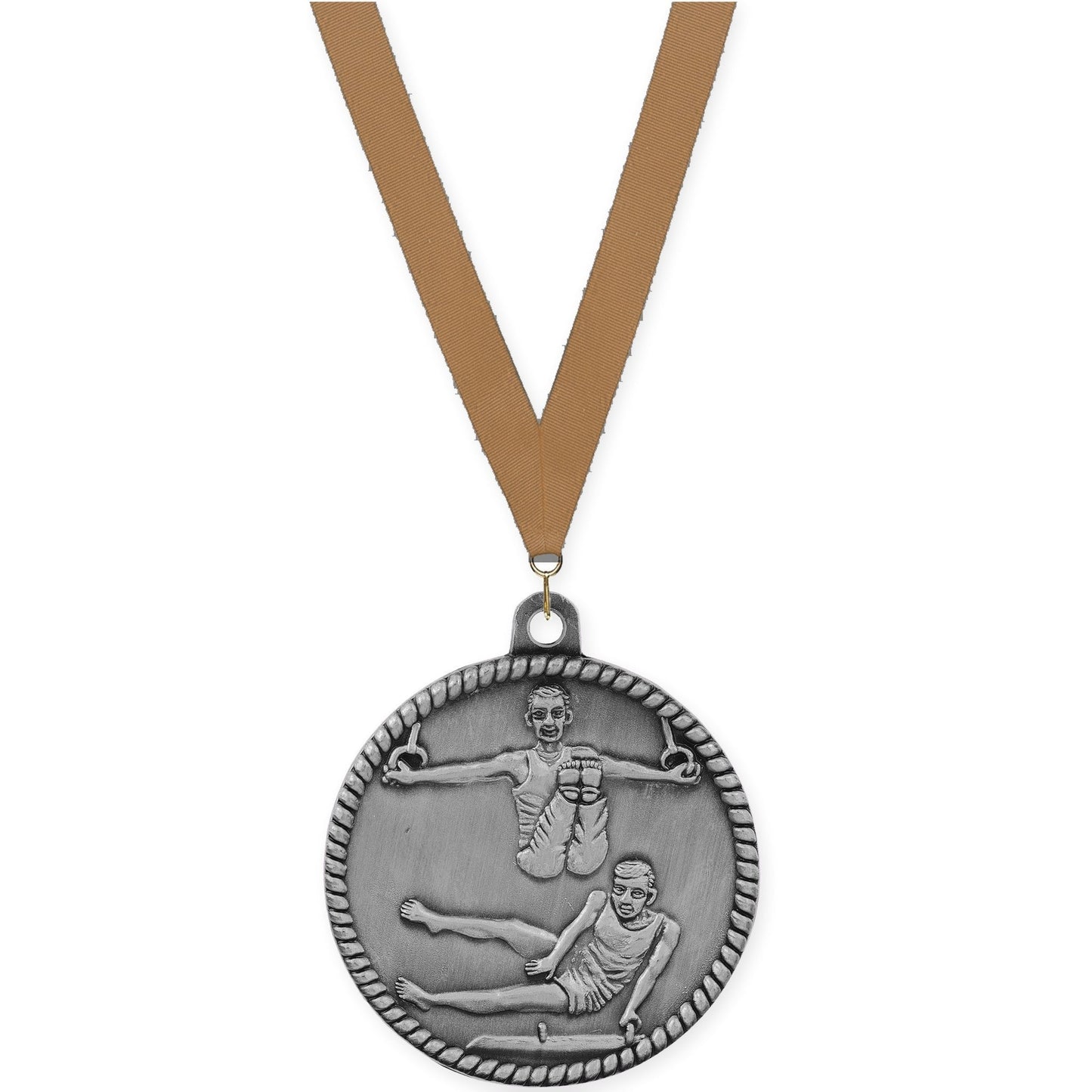 2 inch gymnastics High Relief medal in antique silver with Bronze Metallic neck ribbon