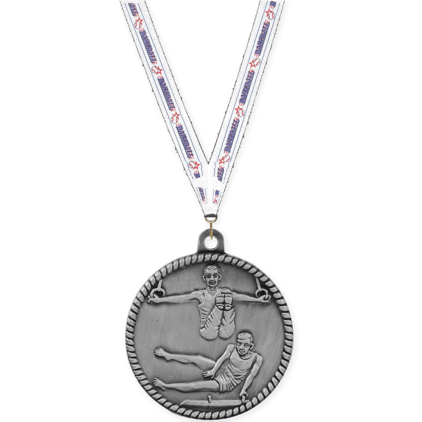 2 inch gymnastics High Relief medal in antique silver with Baseball neck ribbon