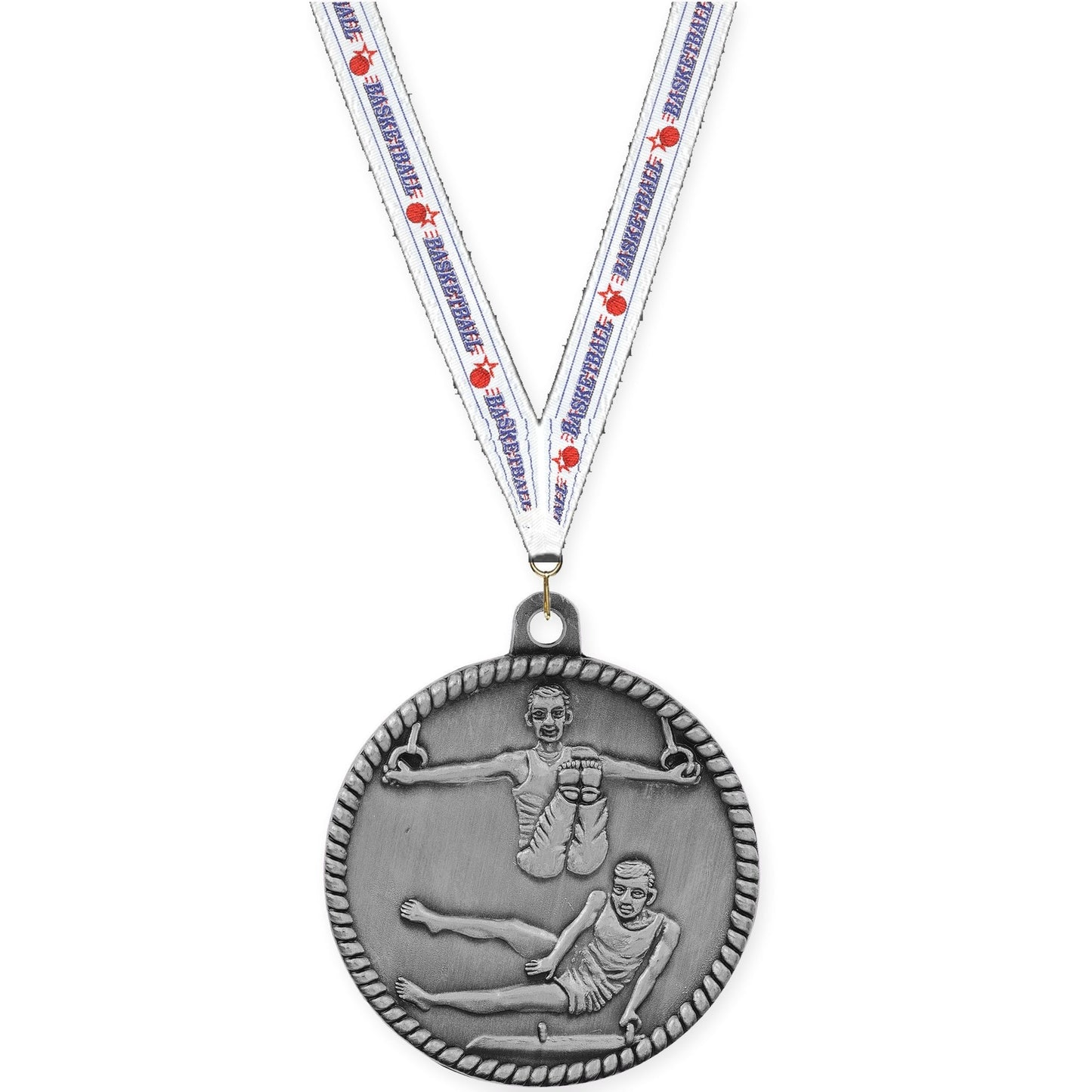 2 inch gymnastics High Relief medal in antique silver with Basketball neck ribbon