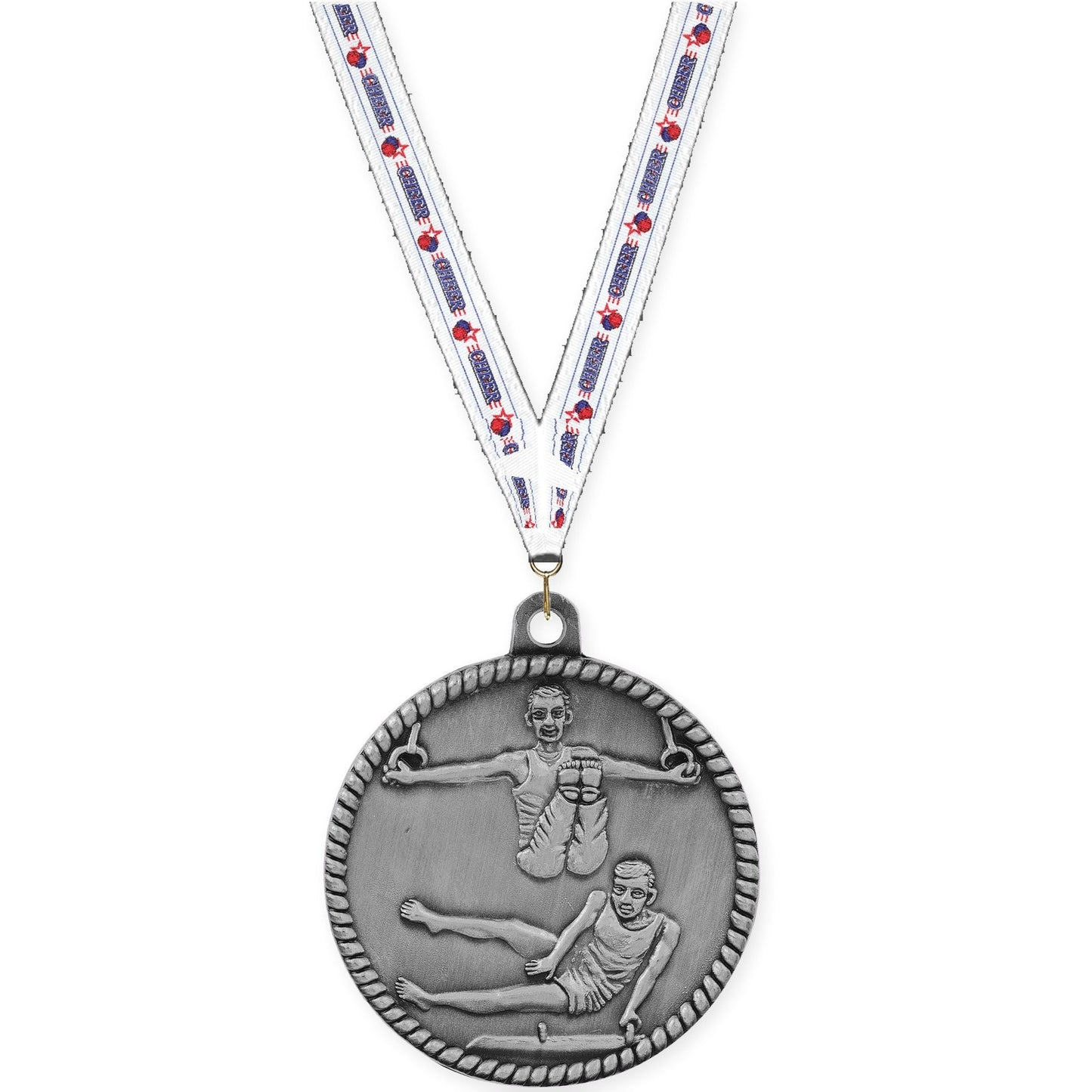 2 inch gymnastics High Relief medal in antique silver with Cheerleading neck ribbon