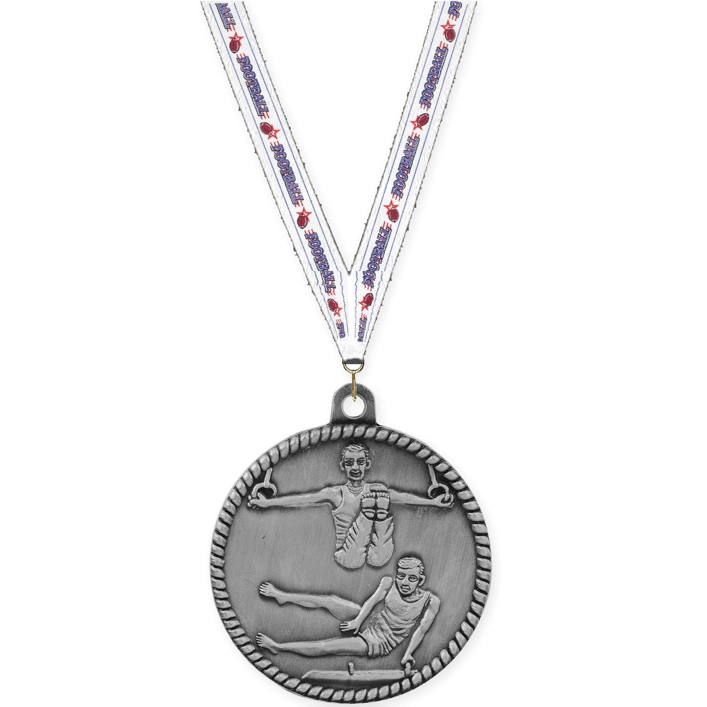 2 inch gymnastics High Relief medal in antique silver with Football neck ribbon
