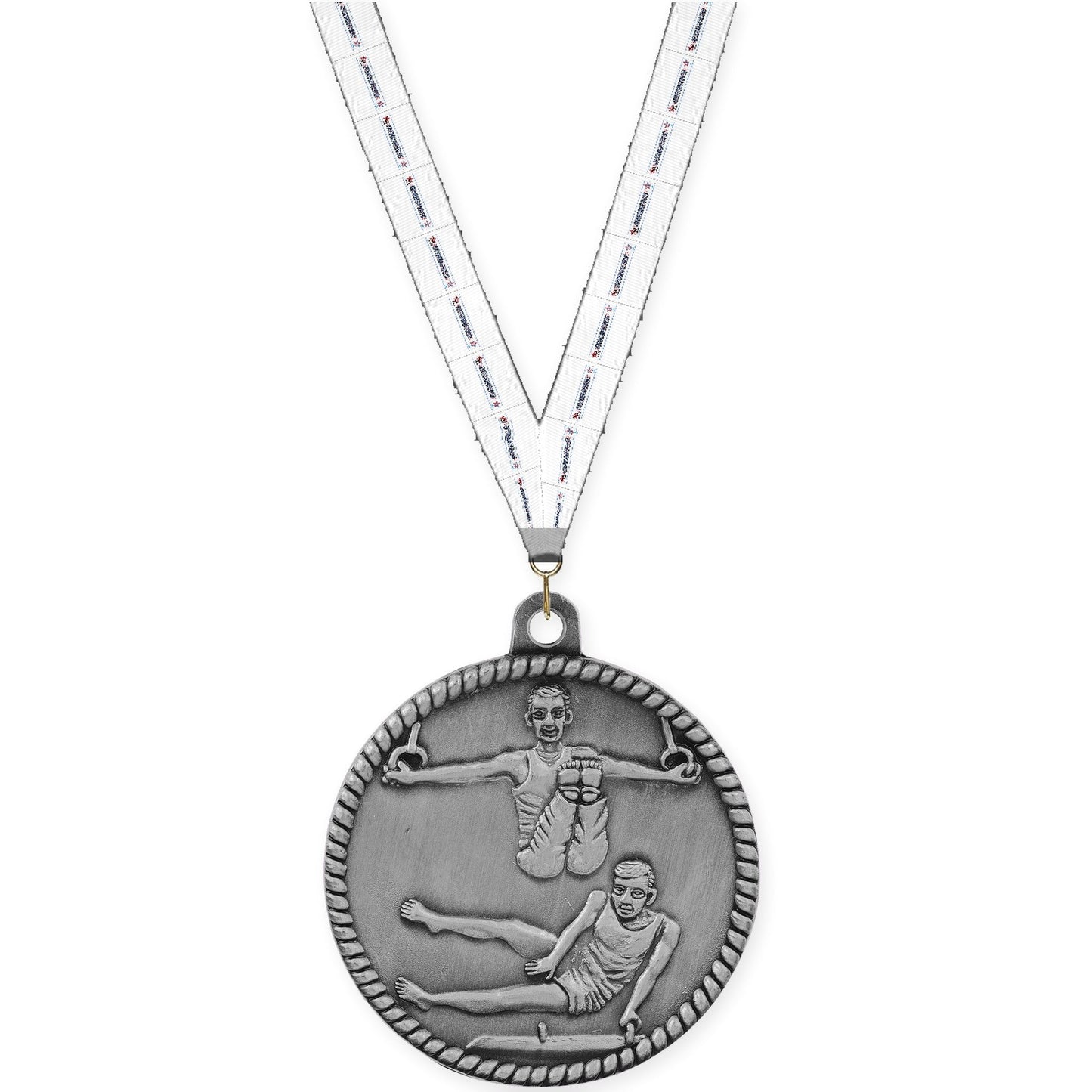 2 inch gymnastics High Relief medal in antique silver with Gymnastics neck ribbon