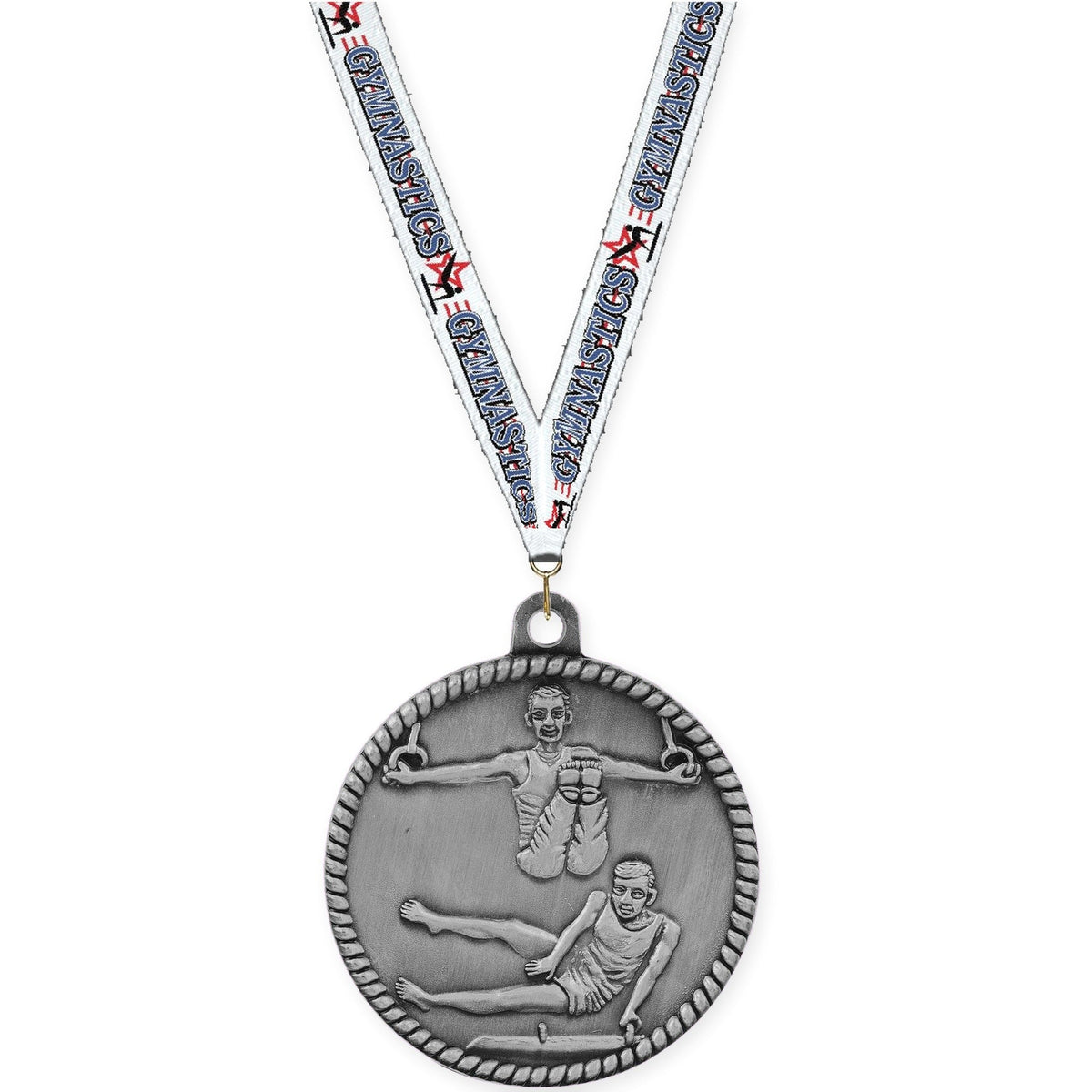 2 inch gymnastics High Relief medal in antique silver with Gymnastics neck ribbon