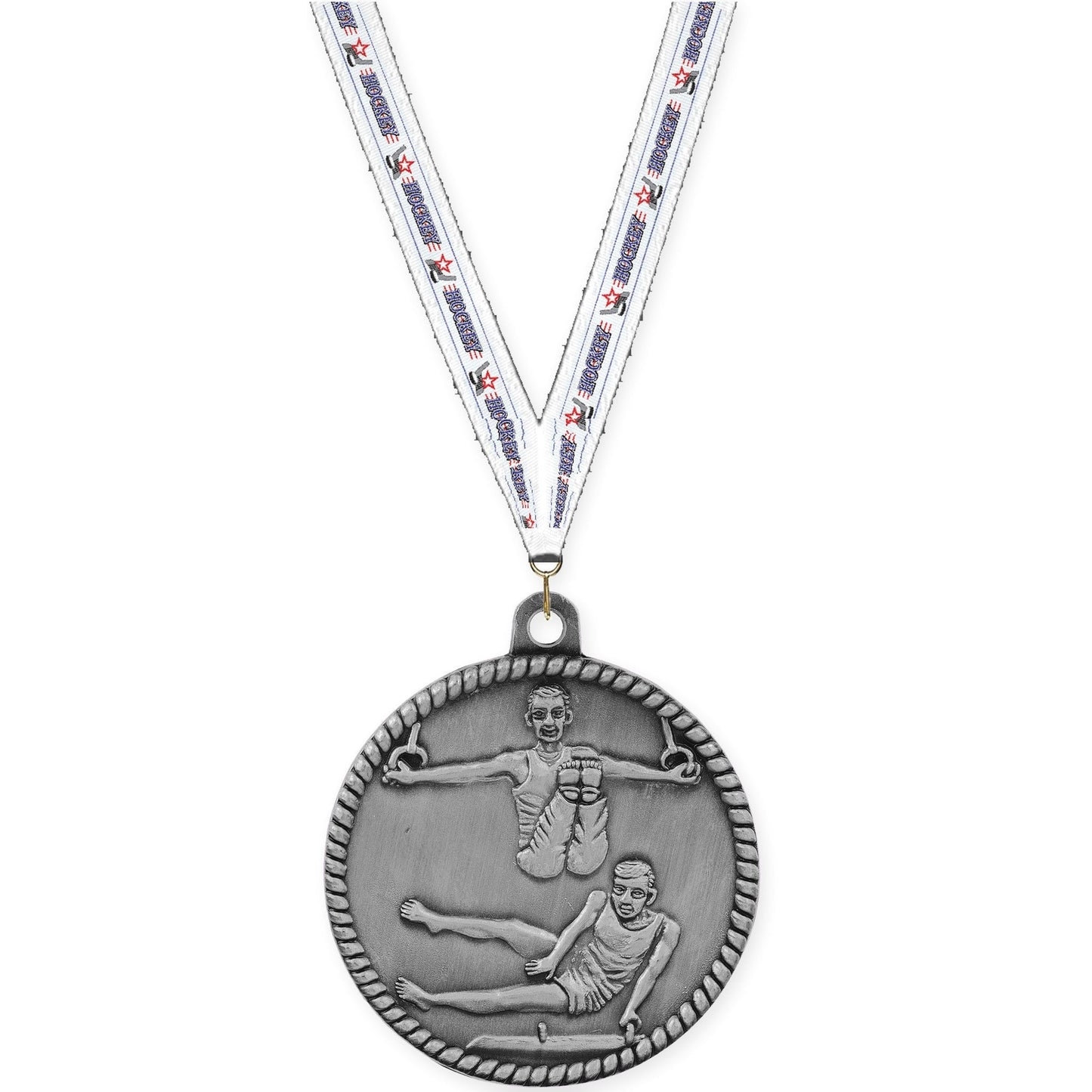 2 inch gymnastics High Relief medal in antique silver with Hockey neck ribbon