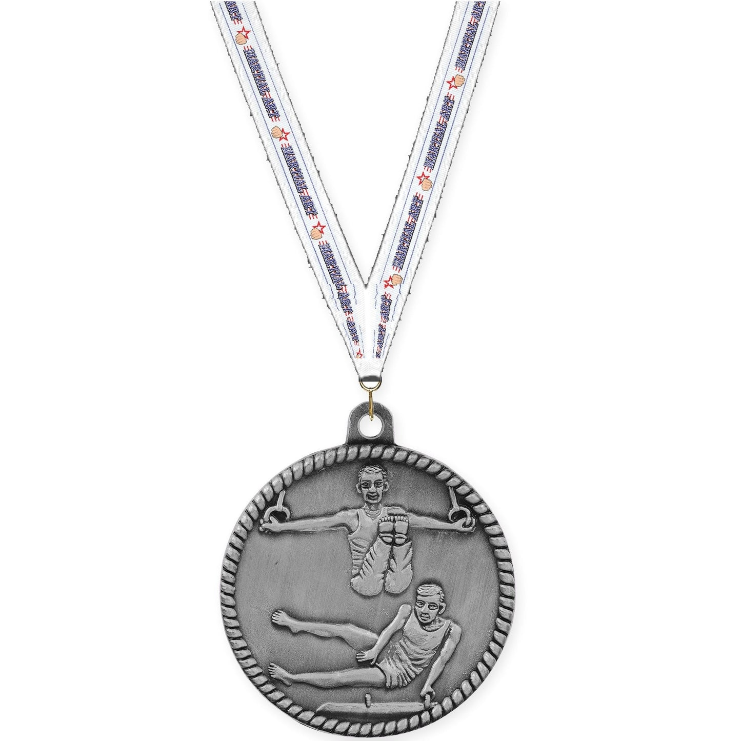 2 inch gymnastics High Relief medal in antique silver with Martial Arts neck ribbon