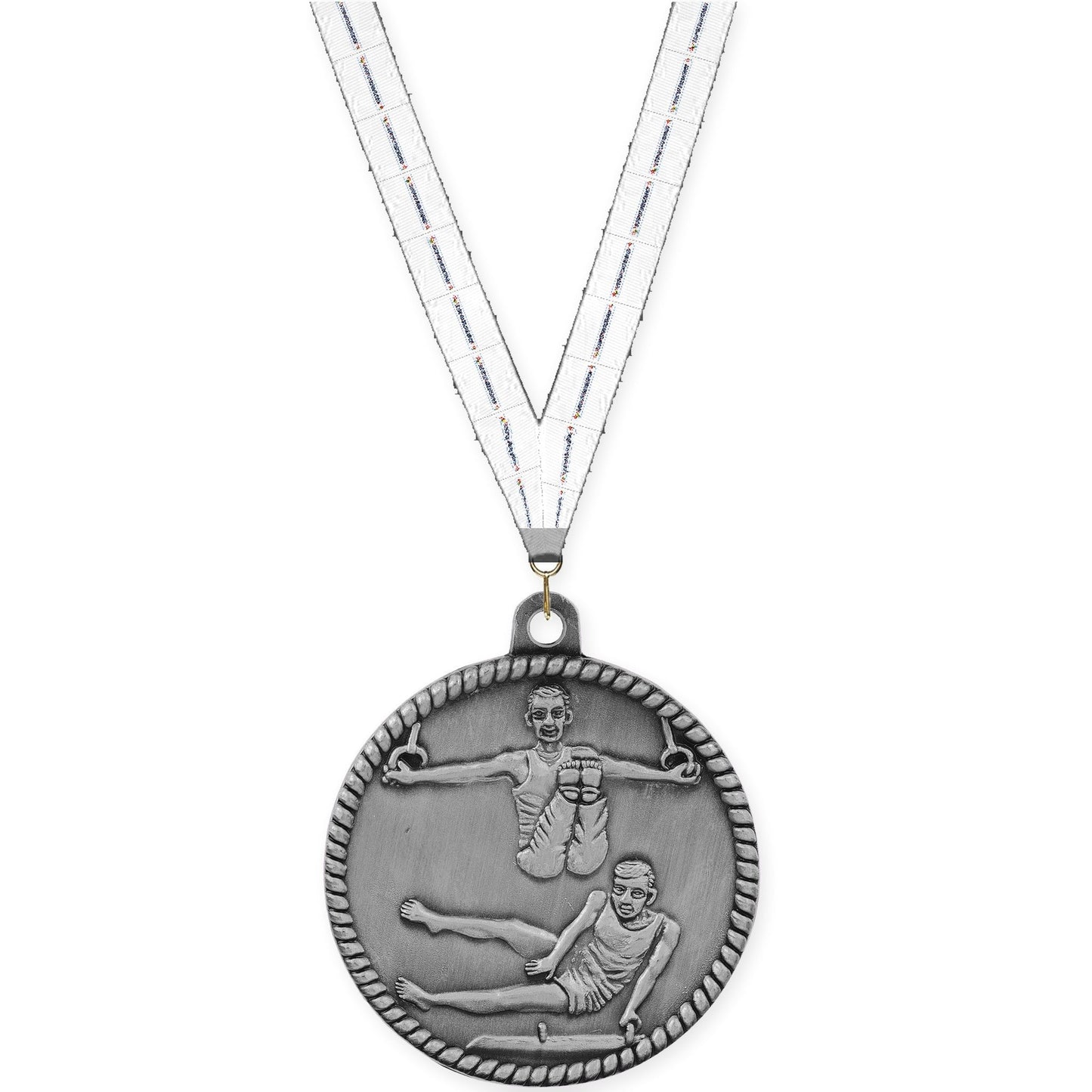 2 inch gymnastics High Relief medal in antique silver with Lamp Of Knowledge neck ribbon
