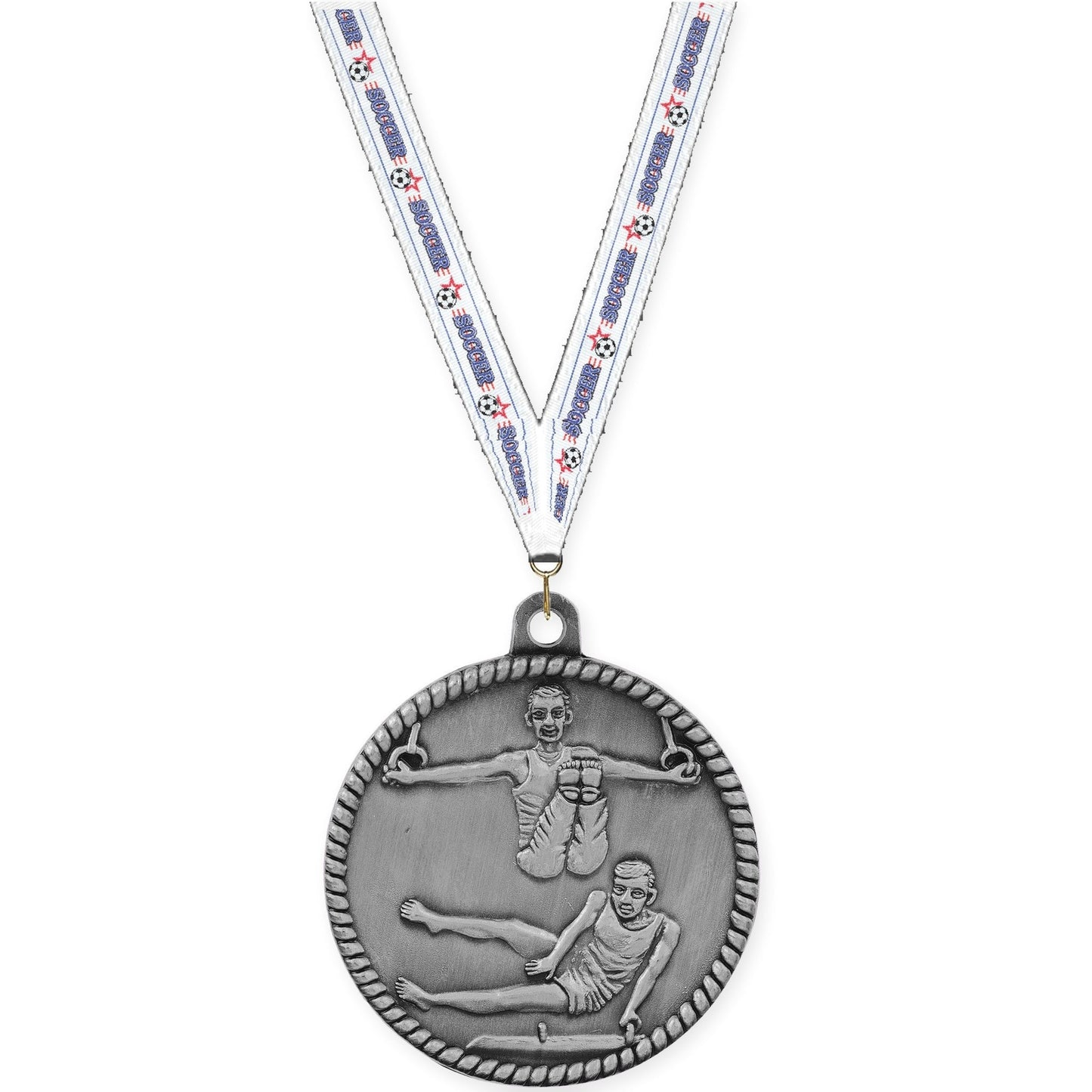 2 inch gymnastics High Relief medal in antique silver with Soccer neck ribbon