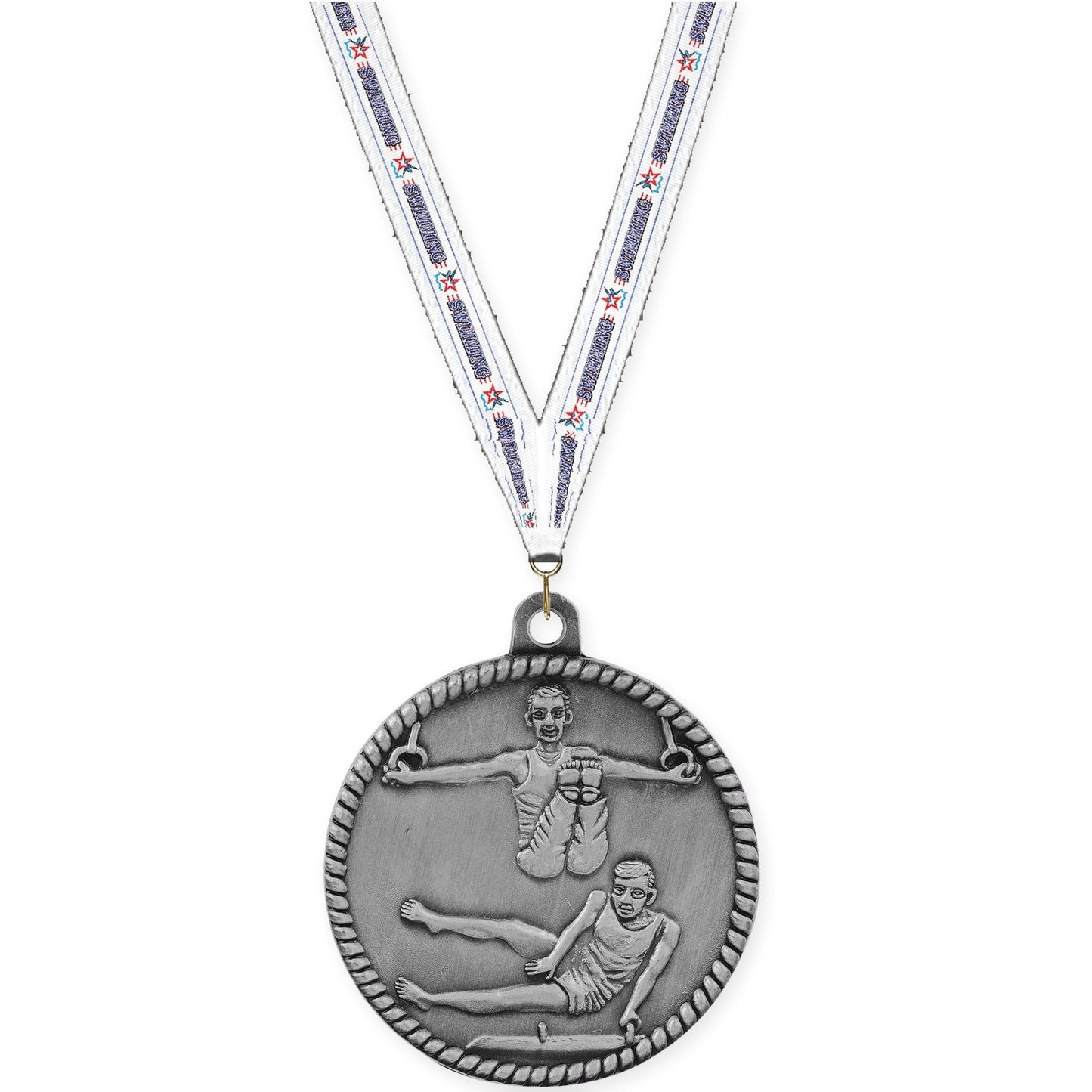 2 inch gymnastics High Relief medal in antique silver with Swimming neck ribbon