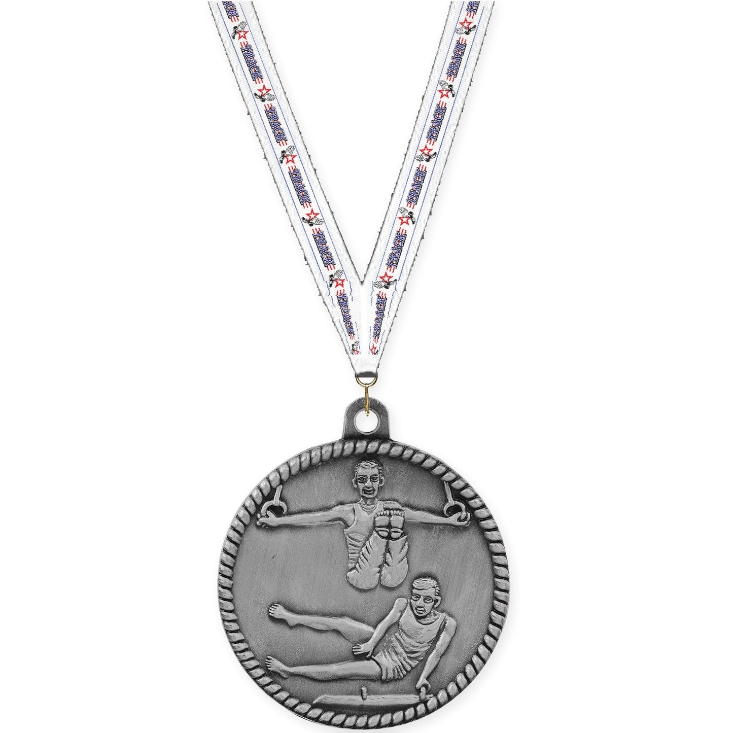 2 inch gymnastics High Relief medal in antique silver with Track neck ribbon
