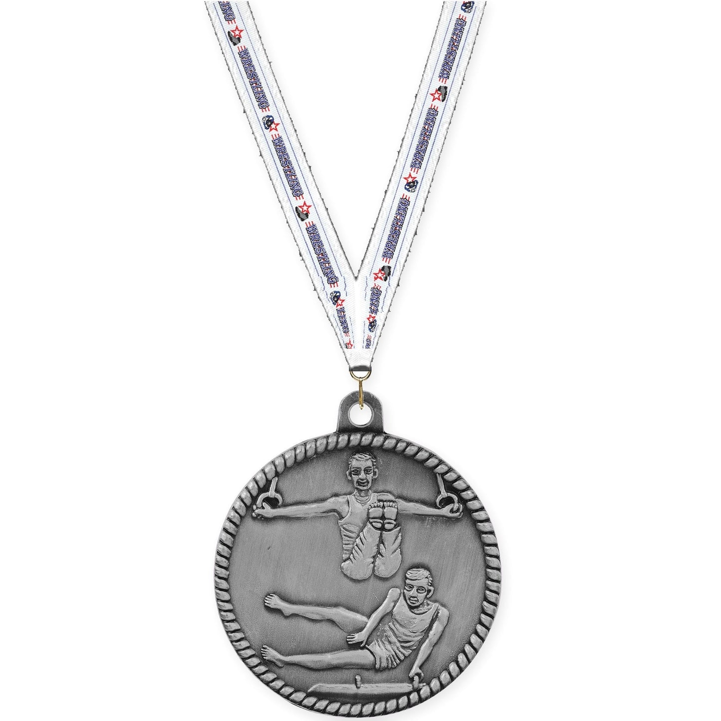 2 inch gymnastics High Relief medal in antique silver with Wrestling neck ribbon