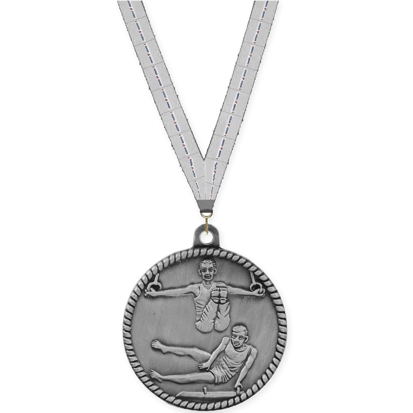 2 inch gymnastics High Relief medal in antique silver with Auto Racing neck ribbon