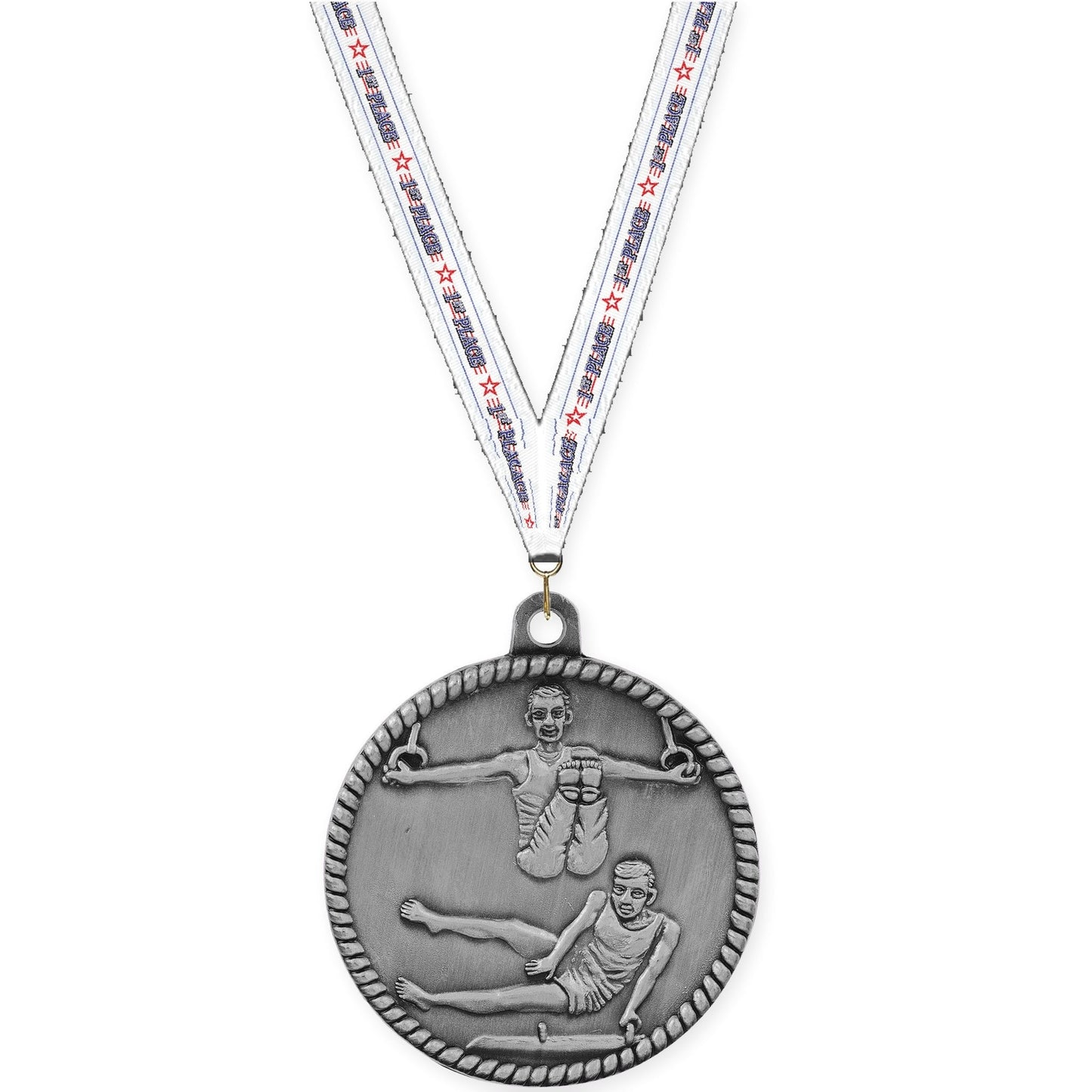 2 inch gymnastics High Relief medal in antique silver with 1st Place neck ribbon