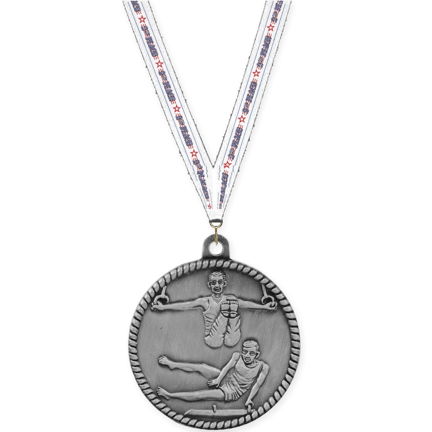 2 inch gymnastics High Relief medal in antique silver with 2nd Place neck ribbon