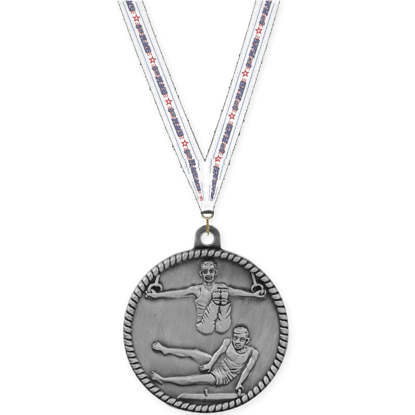 2 inch gymnastics High Relief medal in antique silver with 3rd Place neck ribbon