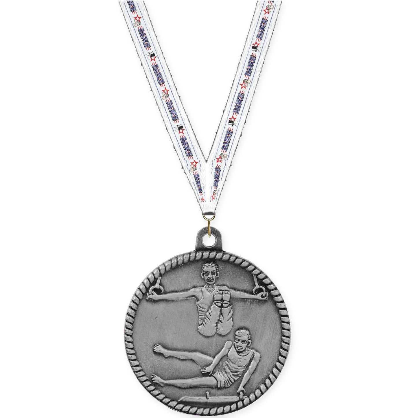 2 inch gymnastics High Relief medal in antique silver with Dance neck ribbon