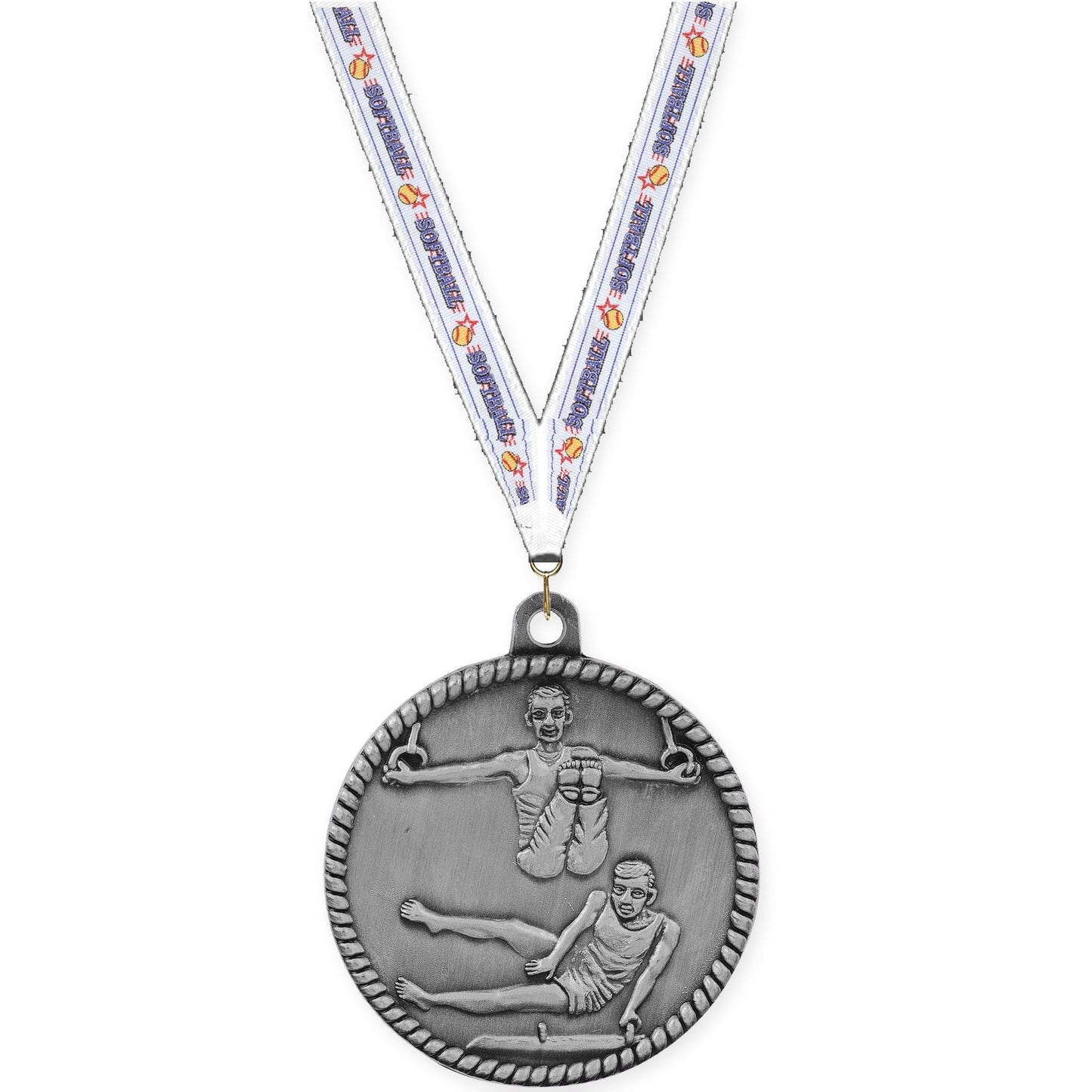 2 inch gymnastics High Relief medal in antique silver with Softball neck ribbon