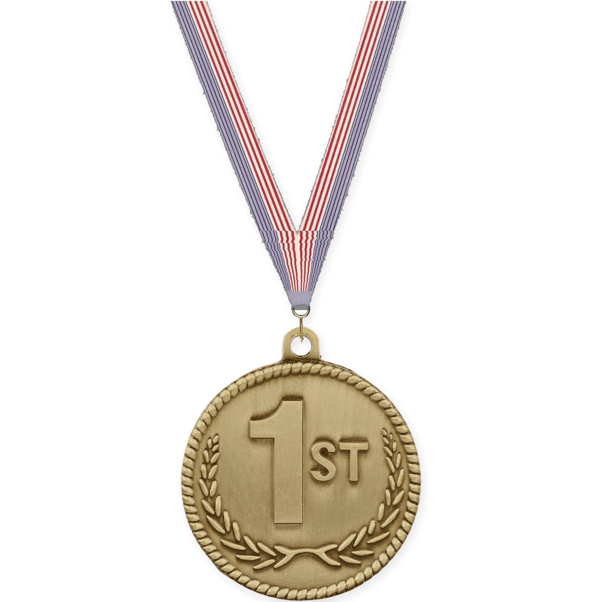 2 inch Place High Relief medal in gold - 1st place with USA Flag neck ribbon