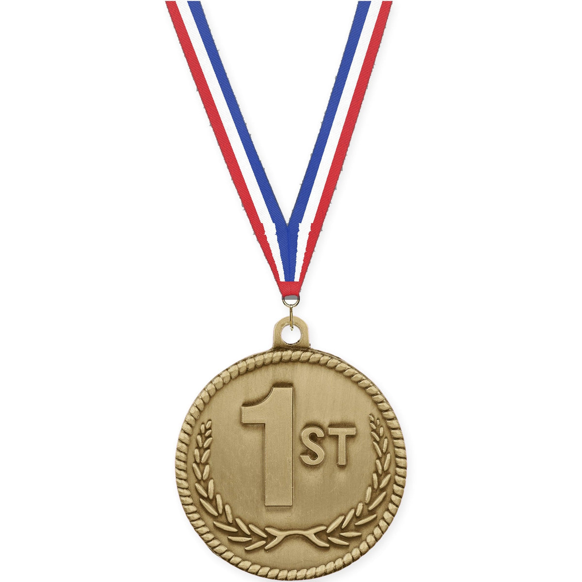 2 inch Place High Relief medal in gold - 1st place with Red White Blue neck ribbon
