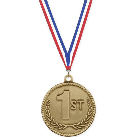 2 inch Place High Relief medal in gold - 1st place with Red White Blue neck ribbon