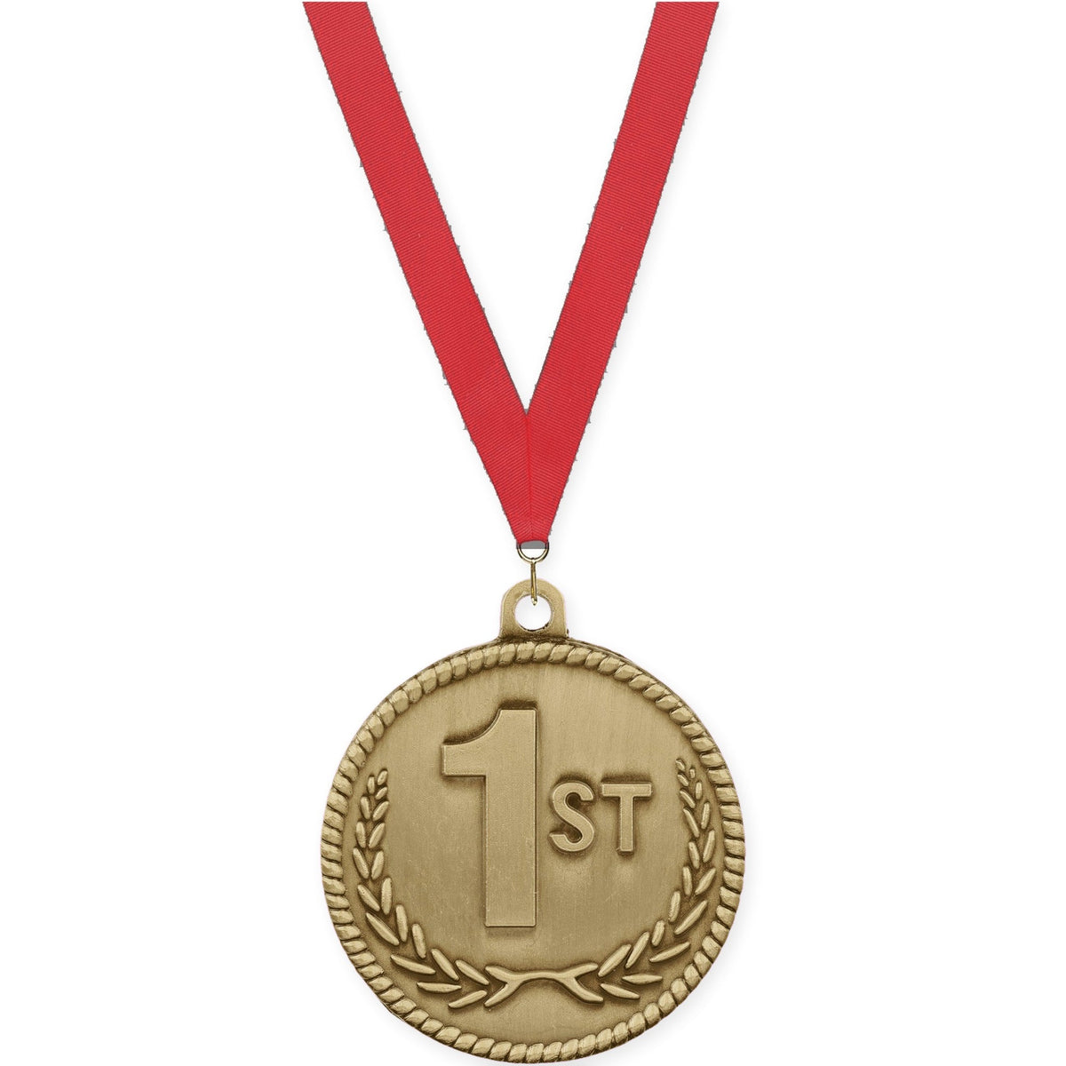 2 inch Place High Relief medal in gold - 1st place with Red neck ribbon