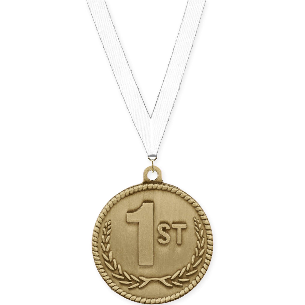 2 inch Place High Relief medal in gold - 1st place with White neck ribbon