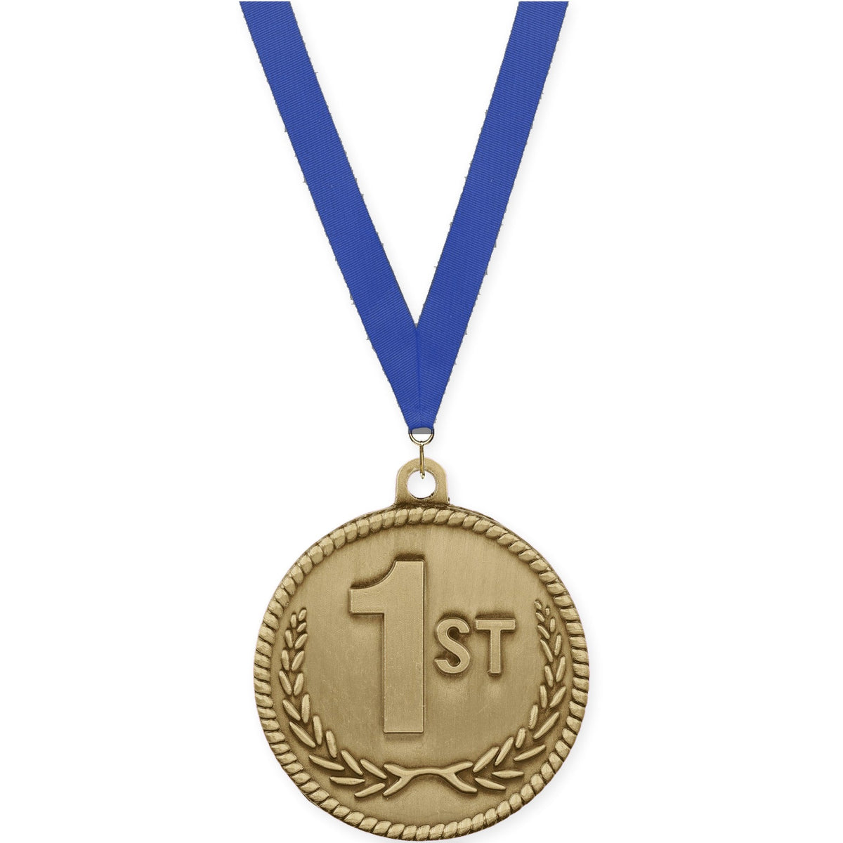 2 inch Place High Relief medal in gold - 1st place with Blue neck ribbon