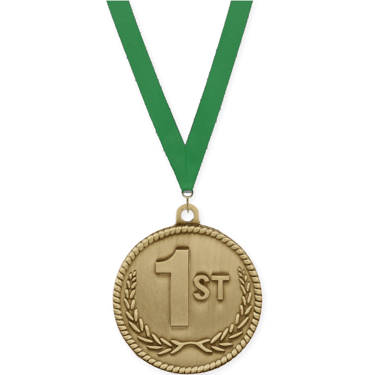 2 inch Place High Relief medal in gold - 1st place with Green neck ribbon