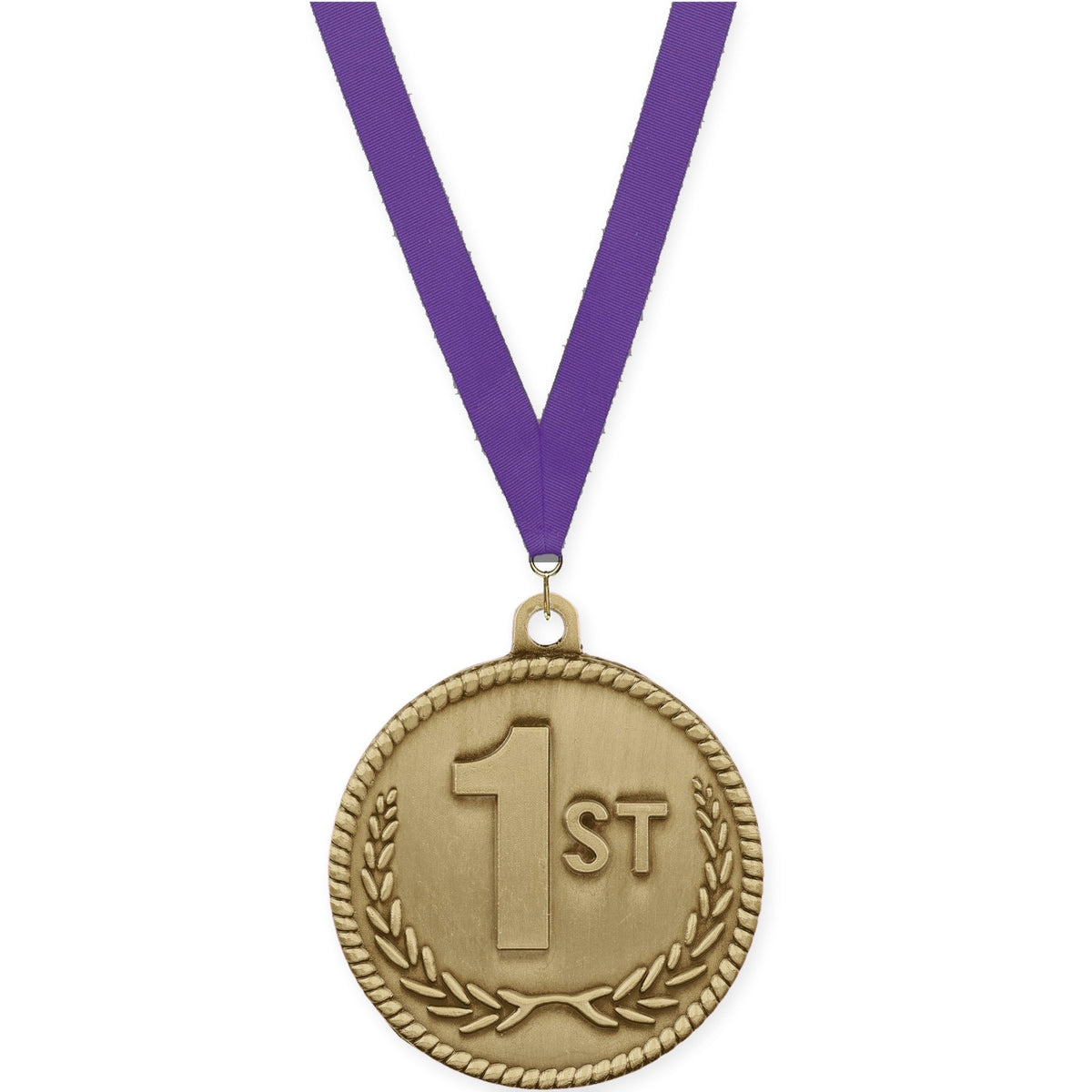 2 inch Place High Relief medal in gold - 1st place with Purple neck ribbon