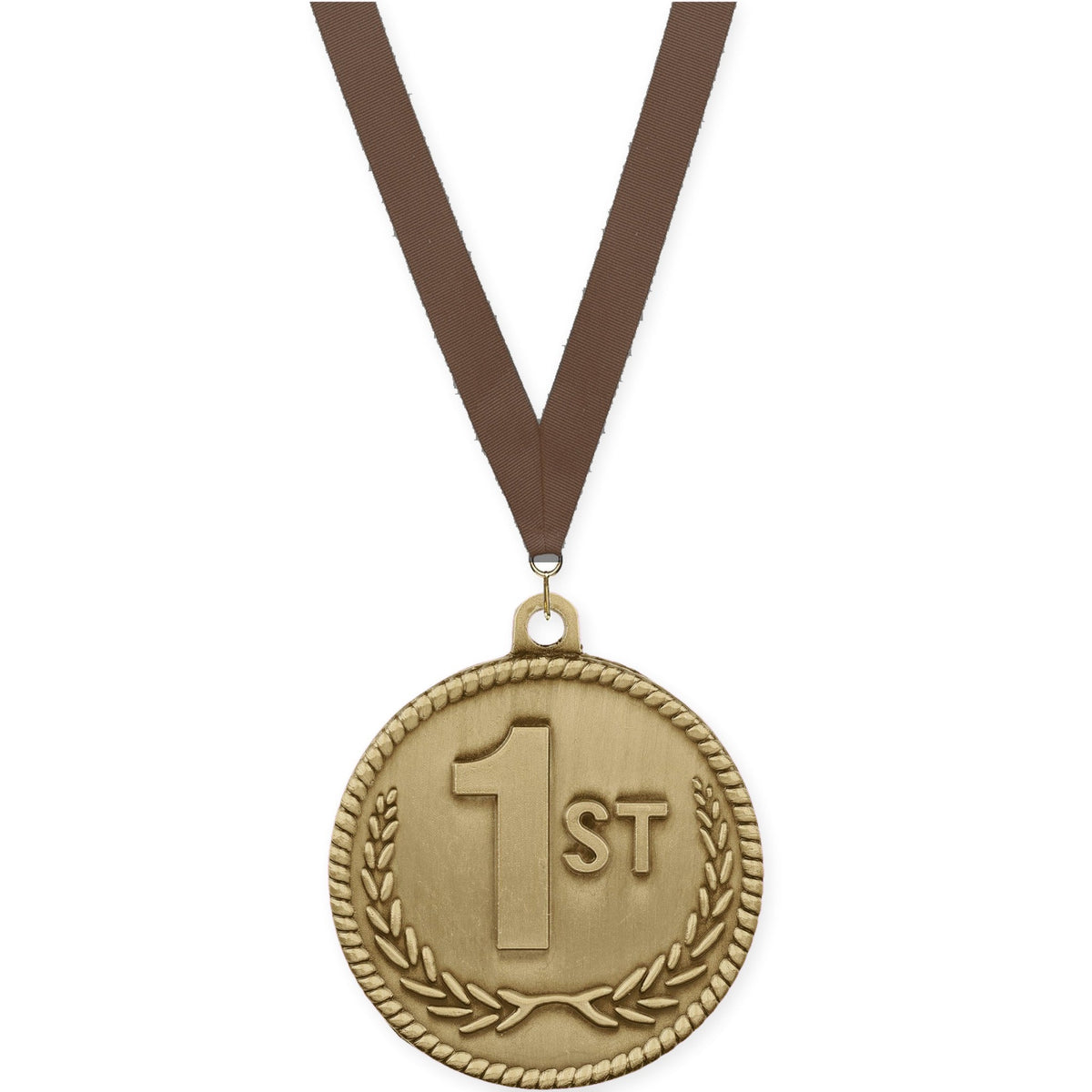 2 inch Place High Relief medal in gold - 1st place with Brown neck ribbon