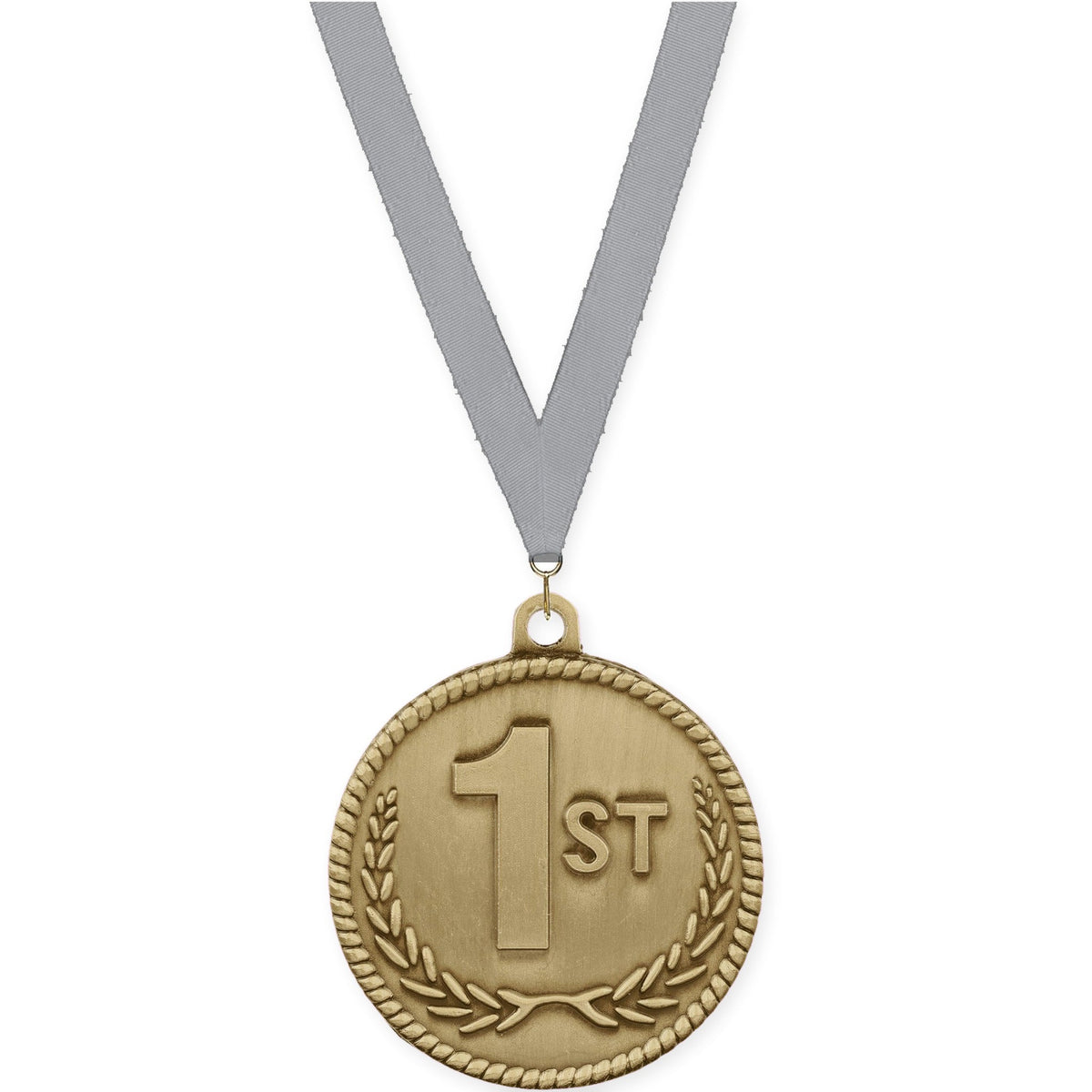 2 inch Place High Relief medal in gold - 1st place with Gray neck ribbon