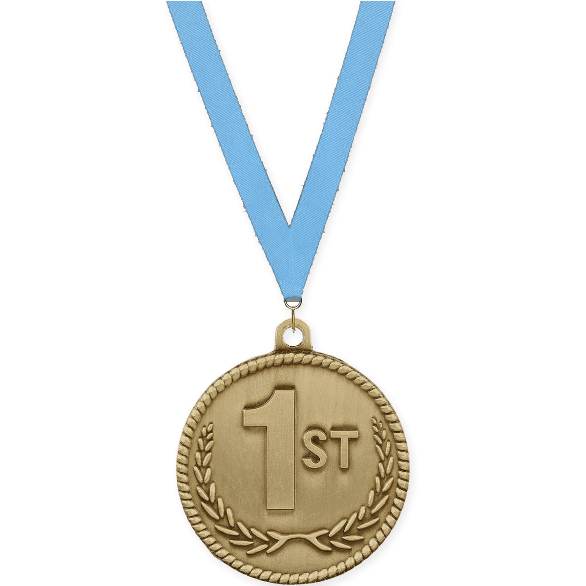 2 inch Place High Relief medal in gold - 1st place with Light Blue neck ribbon