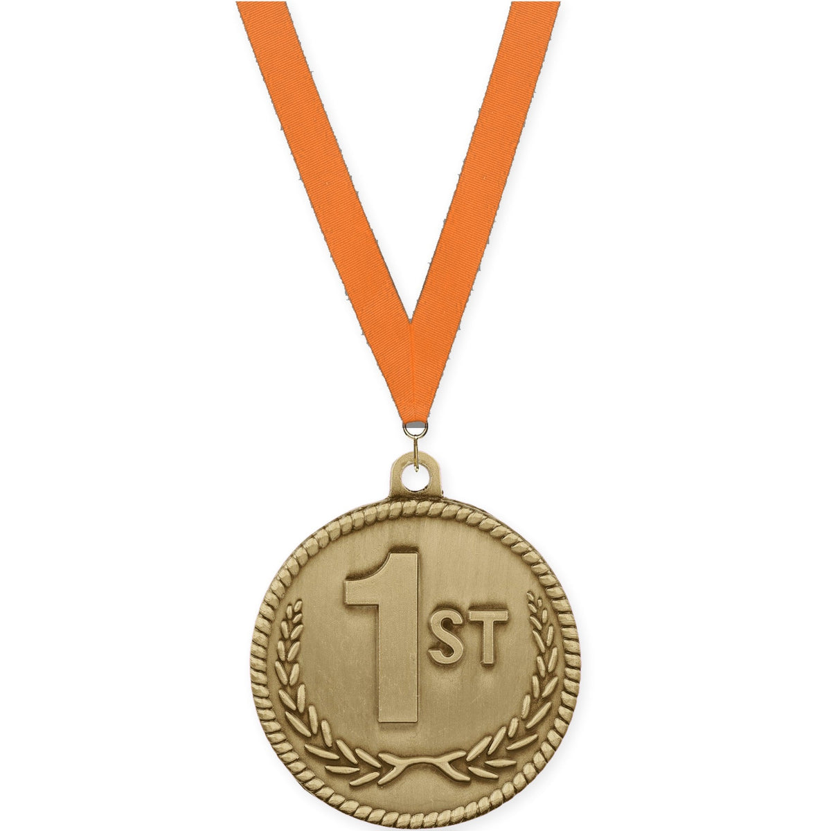 2 inch Place High Relief medal in gold - 1st place with Orange neck ribbon
